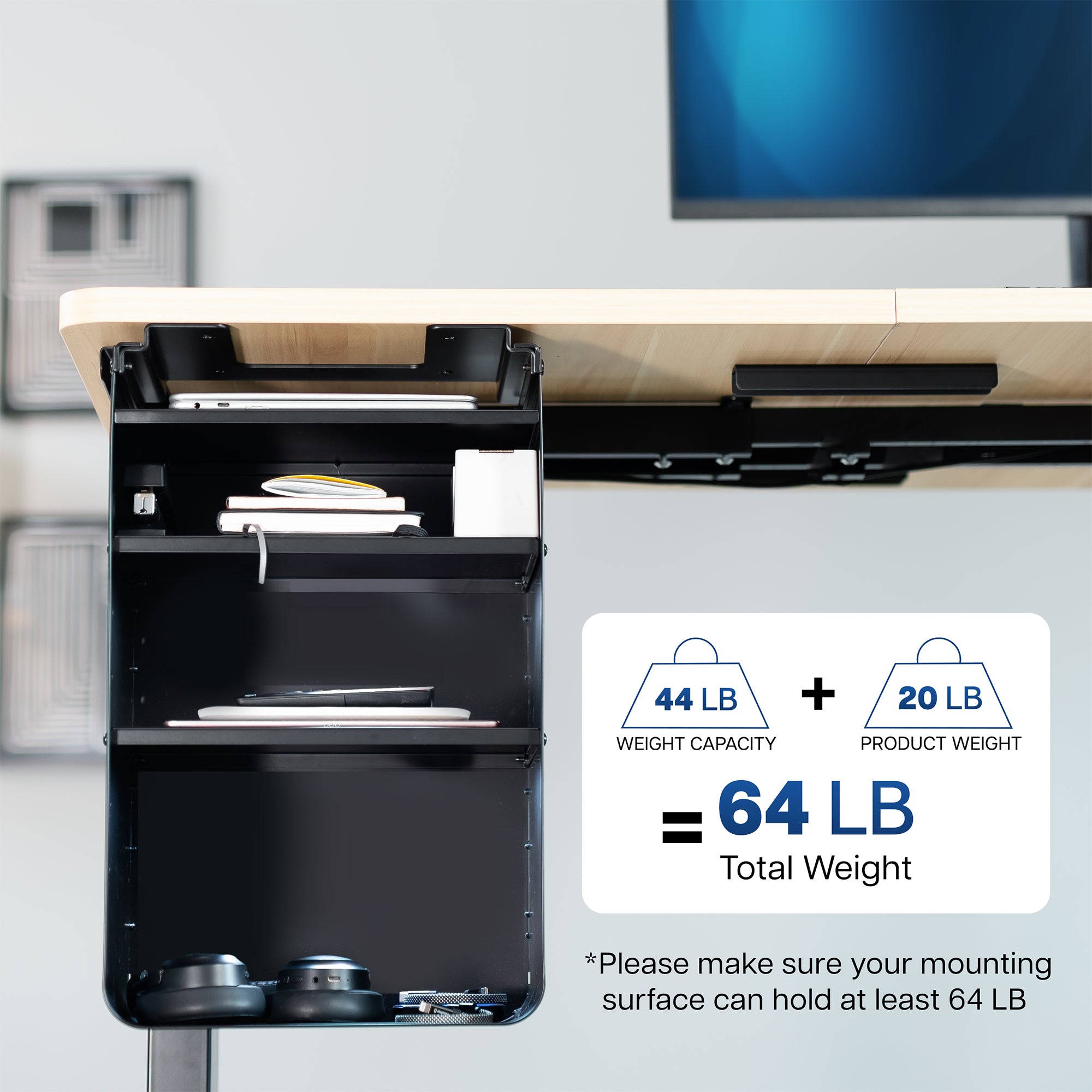 An under desk black shelving unit with multiple shelves under a wooden desk.