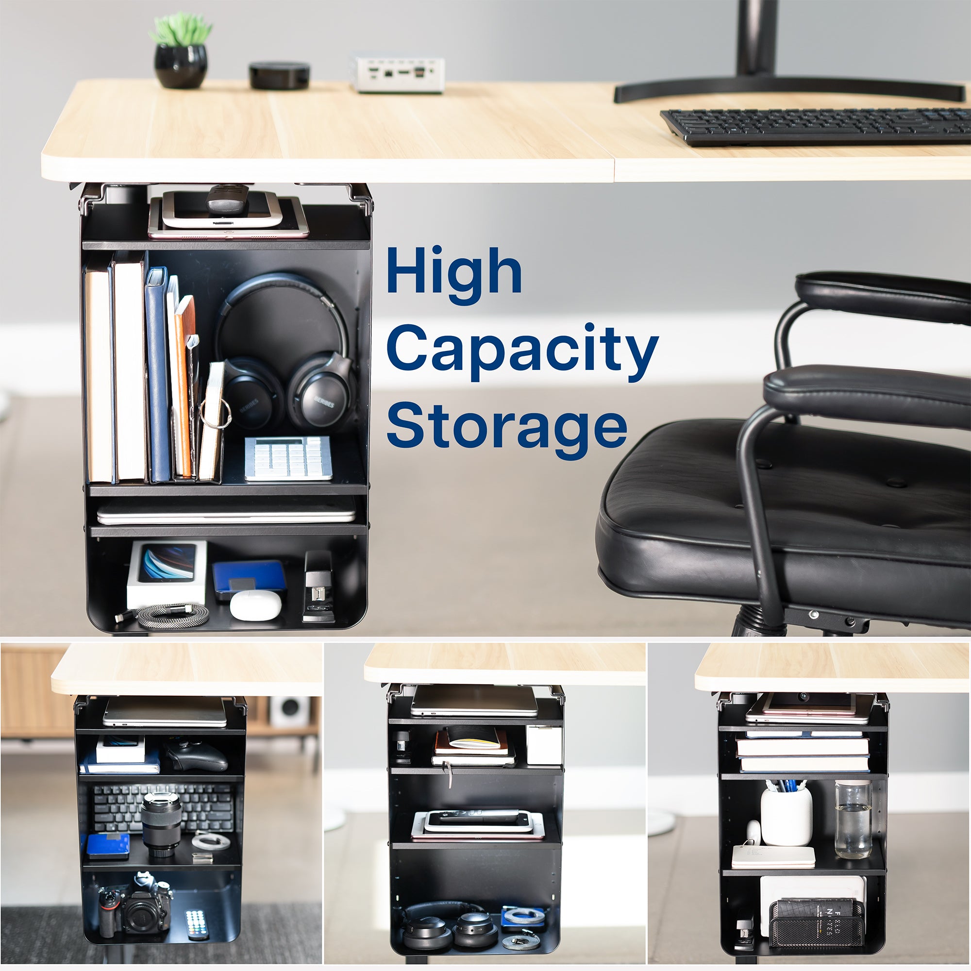 An under desk black shelving unit with multiple shelves for high capacity storage.