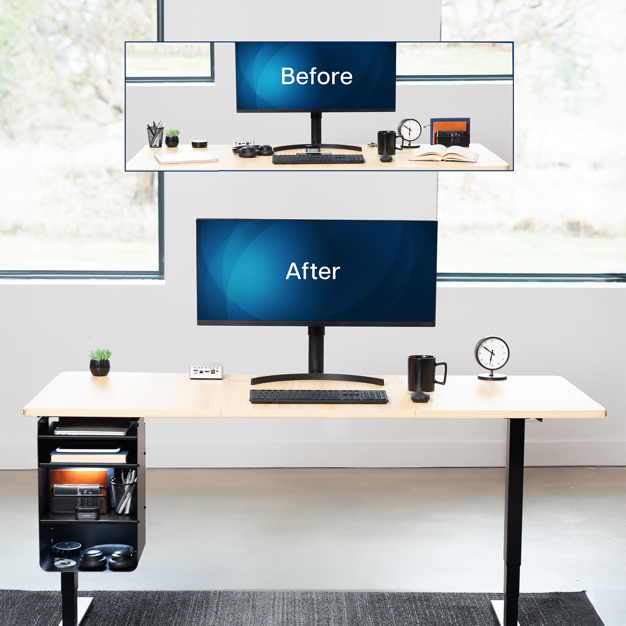 An under desk black shelving unit with multiple shelves with a before and after of a messy desk and a clean desk.