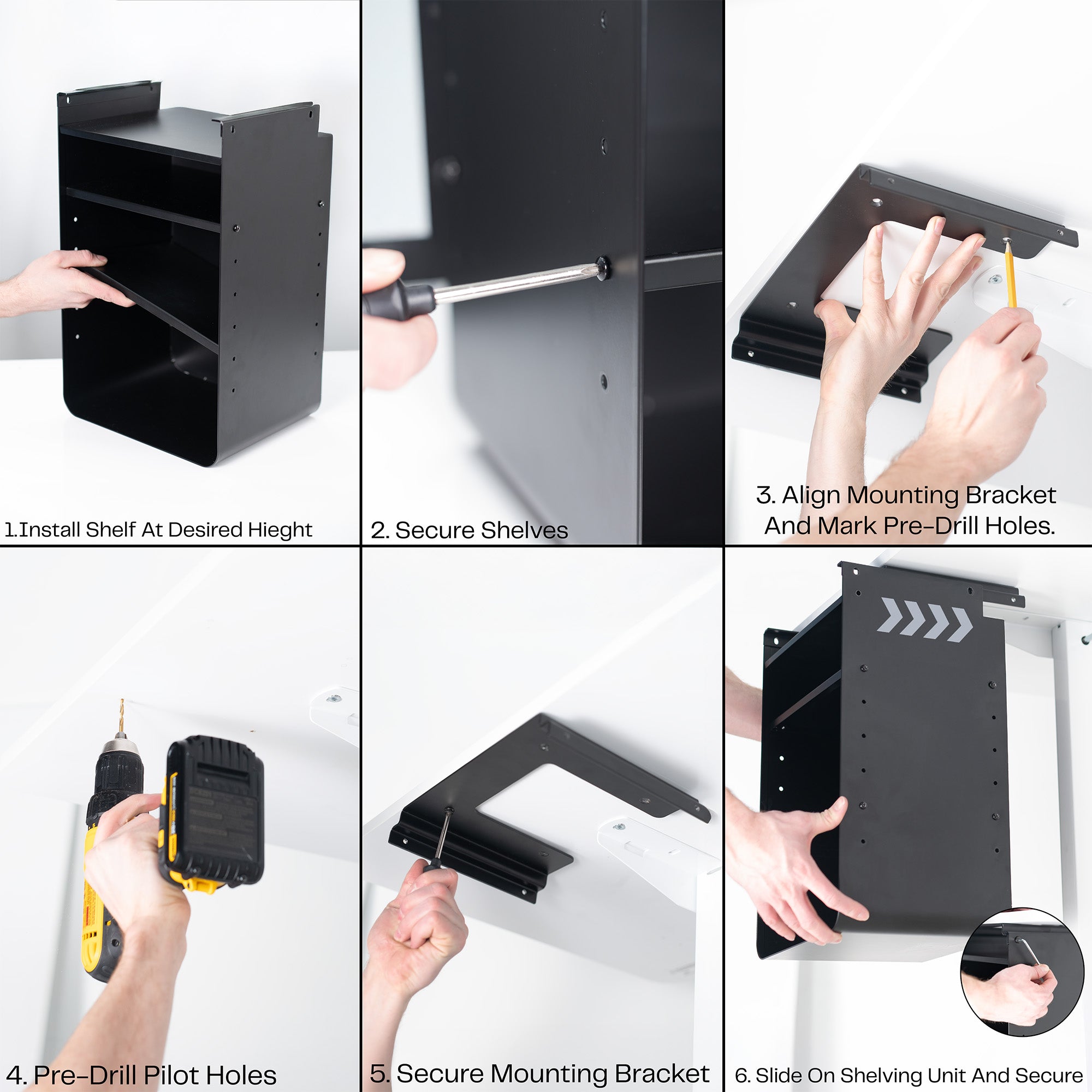 An under desk black shelving unit with text showing easy install.