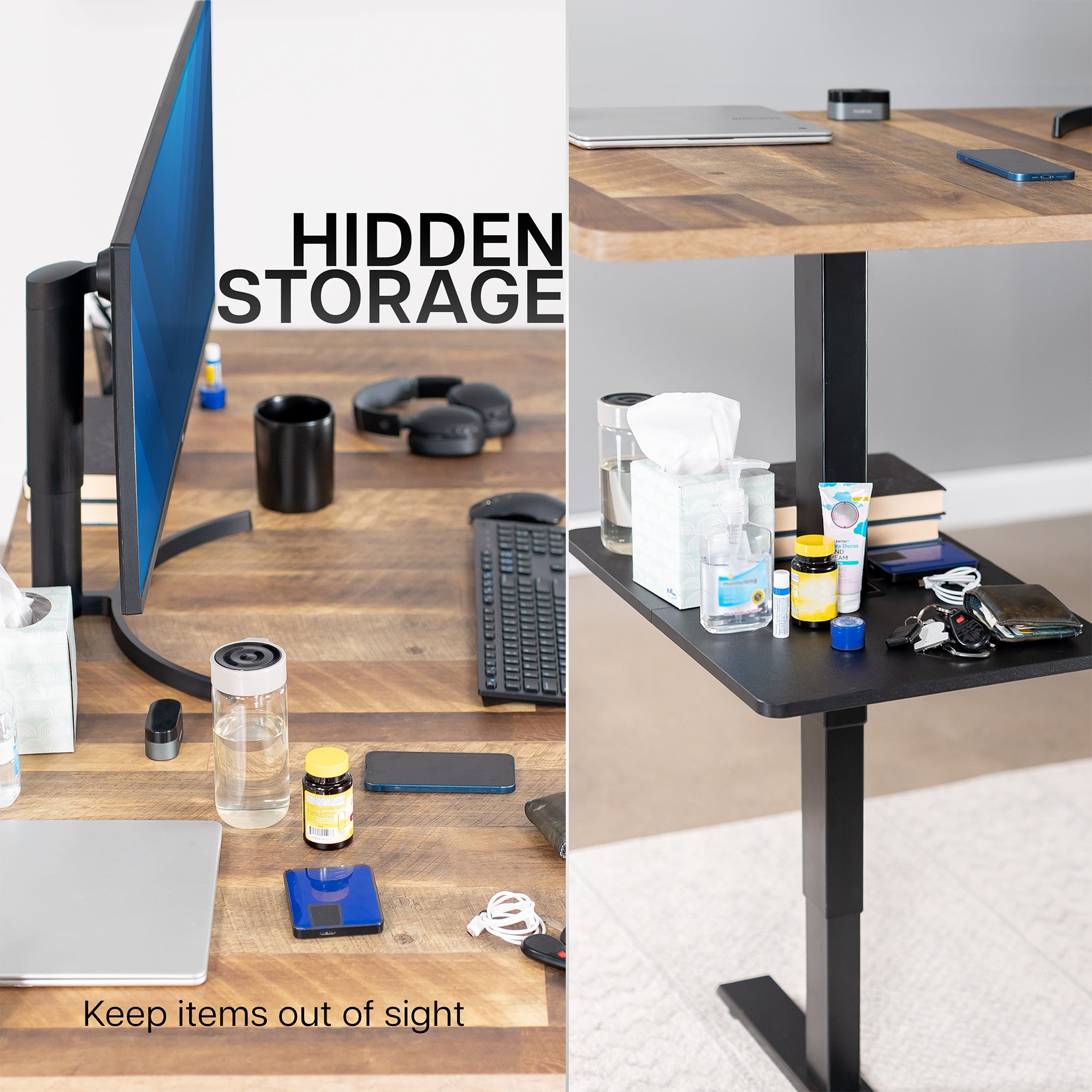 Under desk floating shelf platform that clamps onto desk leg. Provides convenient hidden storage that adjusts with your sit to stand desk.