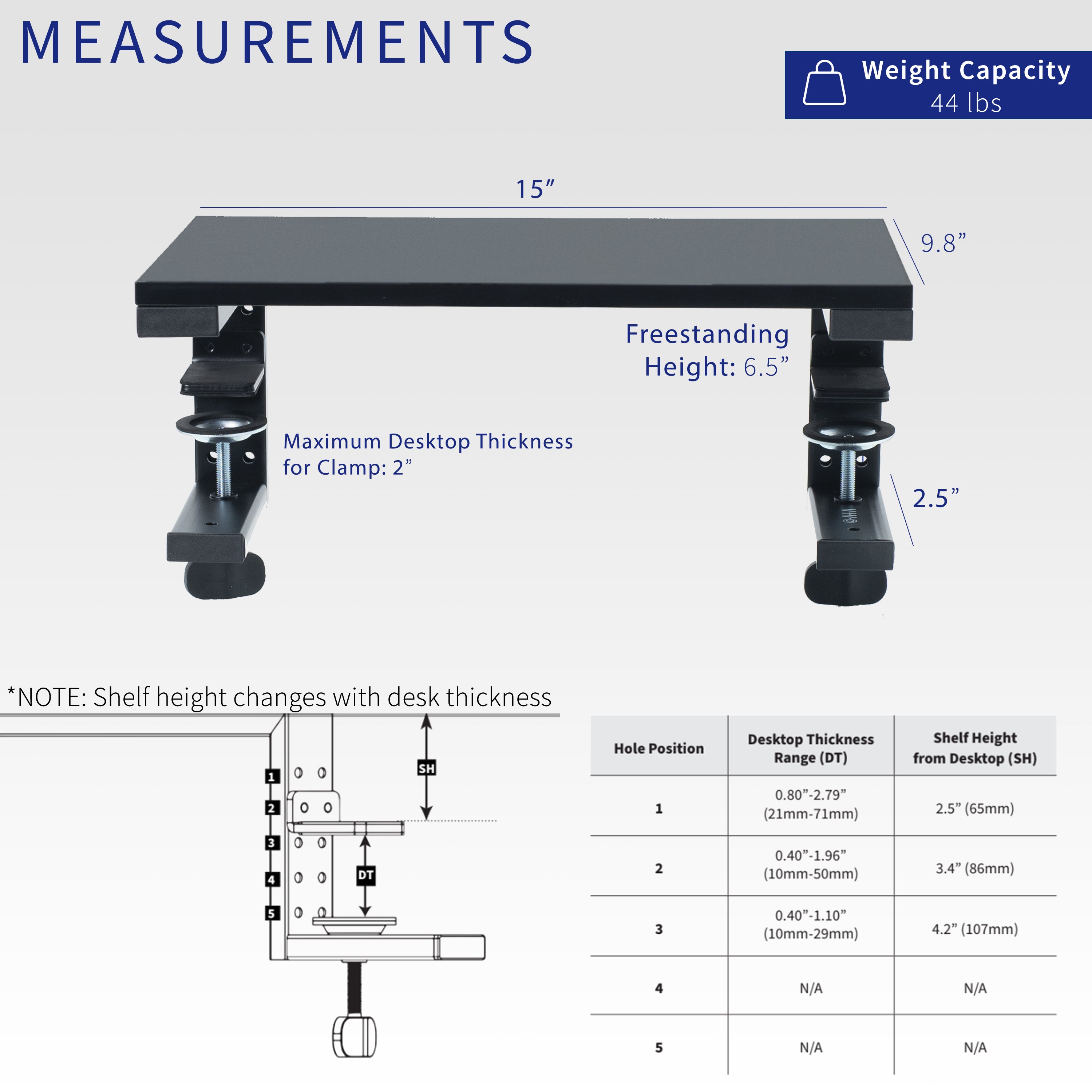 Clamp-on desk shelf with measurements and compatibility