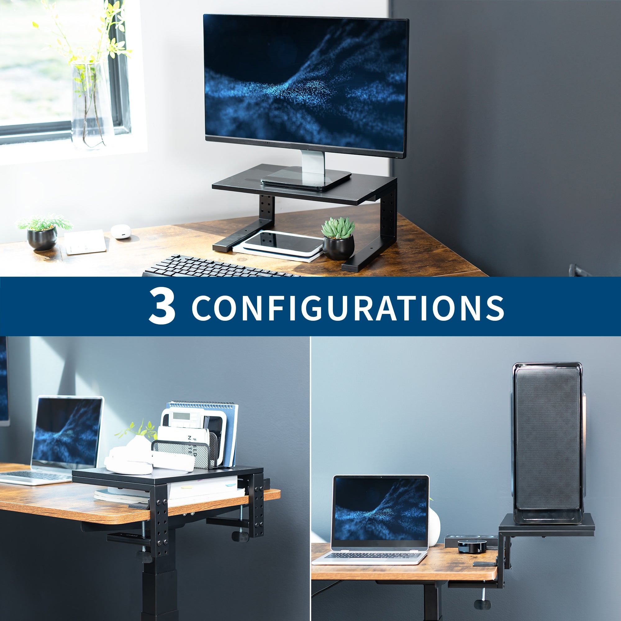 Multi-functional desk setup with monitor, laptop, and keyboard on a wooden surface.