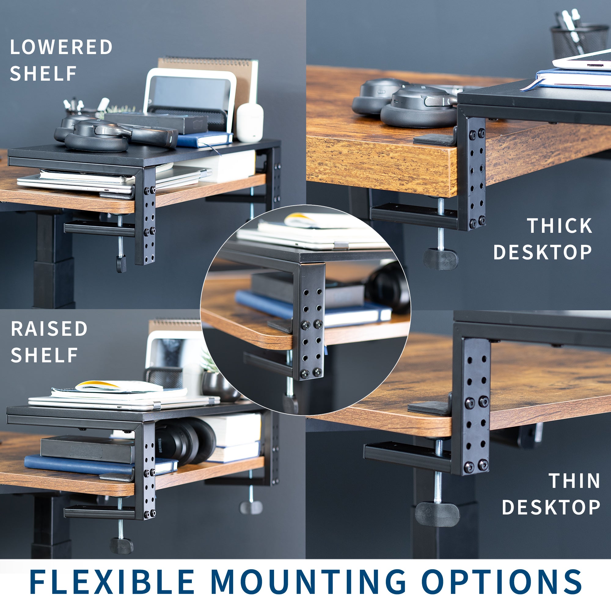 Adjustable desk setup with different shelf heights and desktop thicknesses on a gray background.