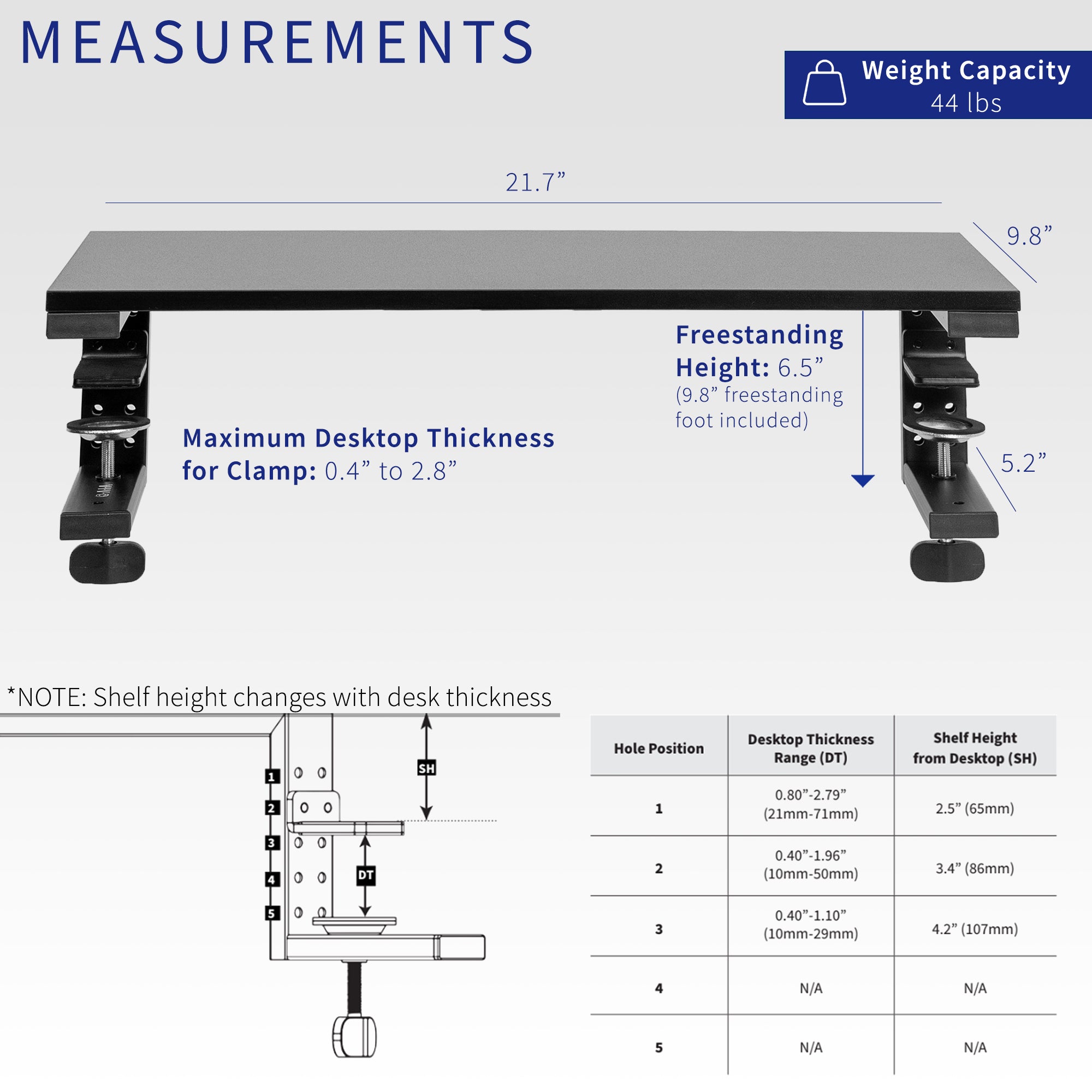 Measurement chart of an adjustable shelf with specifications on weight capacity, dimensions, and hole positions.