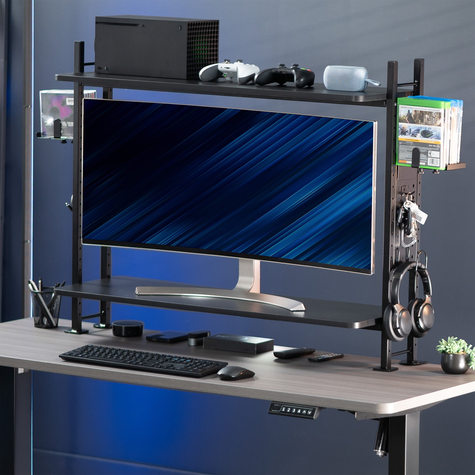 Large clamp-on adjustable shelving system for storage, organization, or gaming.