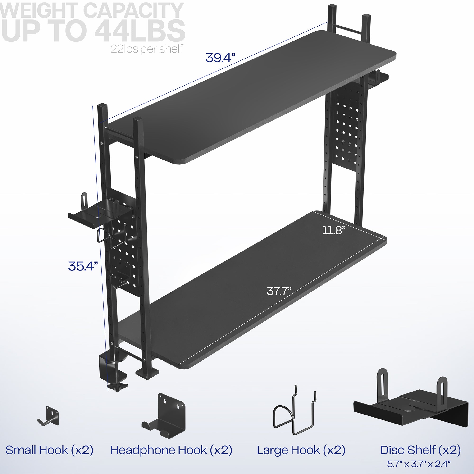 Large clamp-on adjustable shelving system for storage, organization, or gaming.