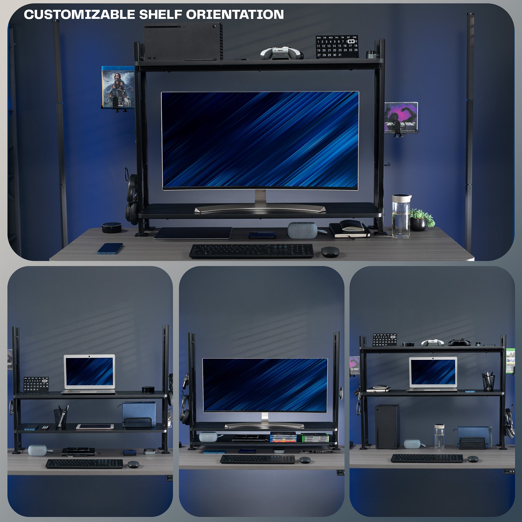 Large clamp-on adjustable shelving system for storage, organization, or gaming.