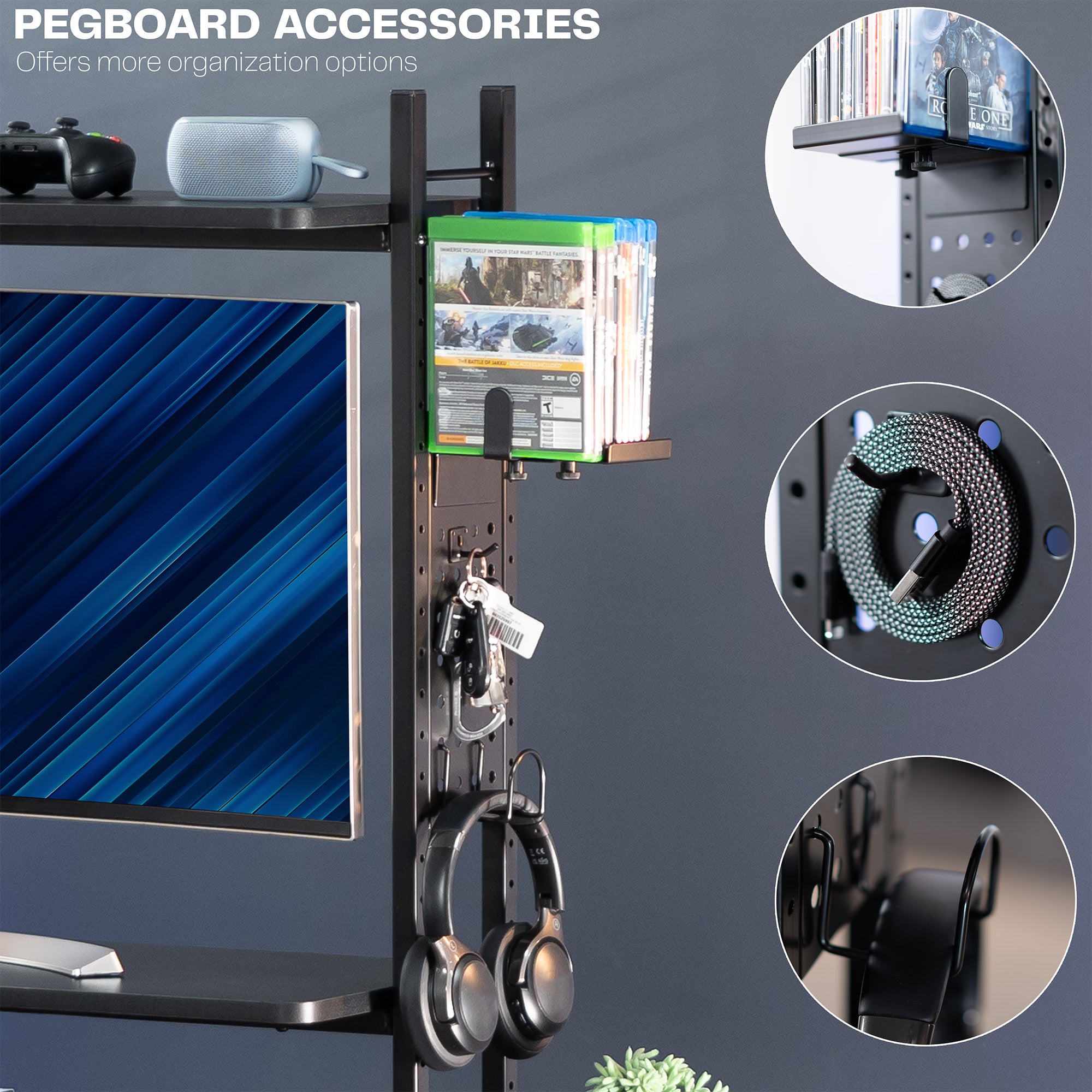 Large clamp-on adjustable shelving system for storage, organization, or gaming.