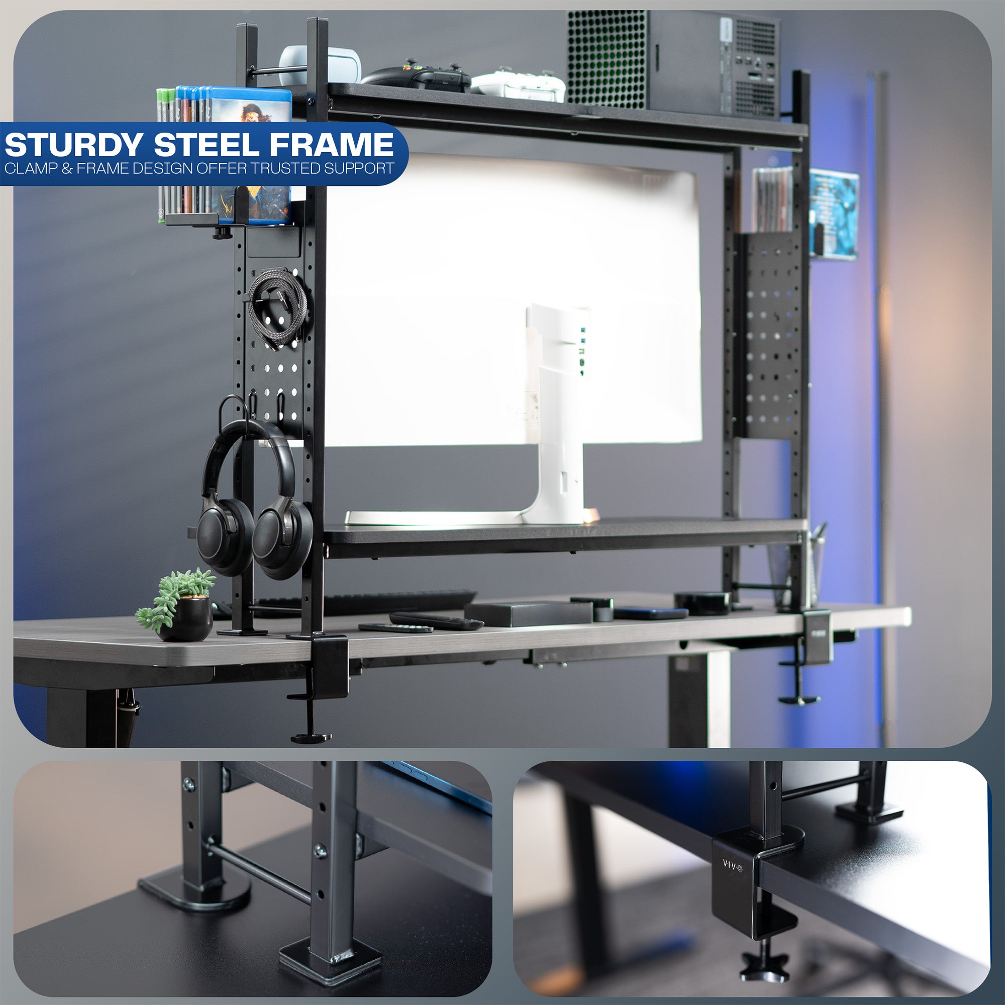 Large clamp-on adjustable shelving system for storage, organization, or gaming.