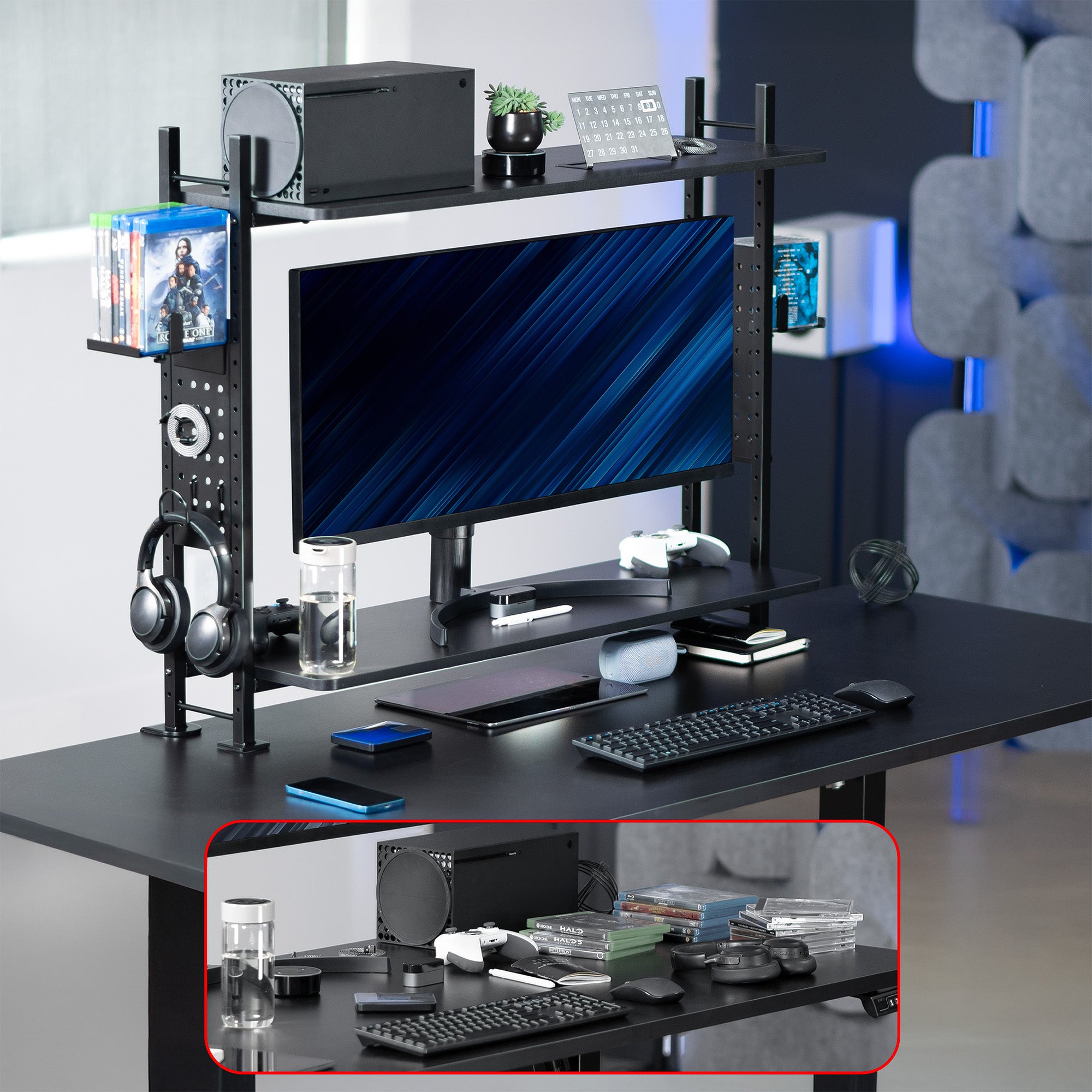 Large clamp-on adjustable shelving system for storage, organization, or gaming.