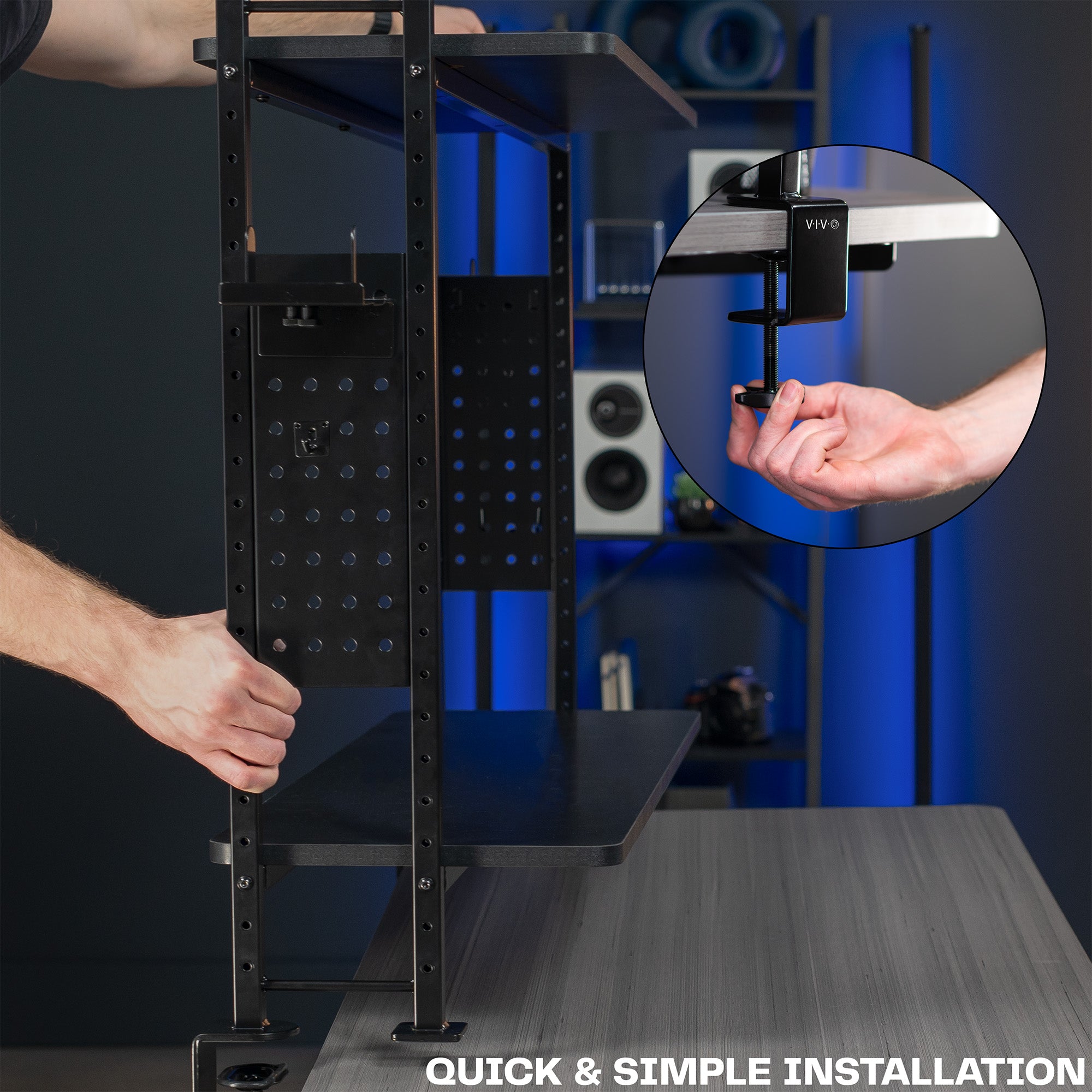 Large clamp-on adjustable shelving system for storage, organization, or gaming.