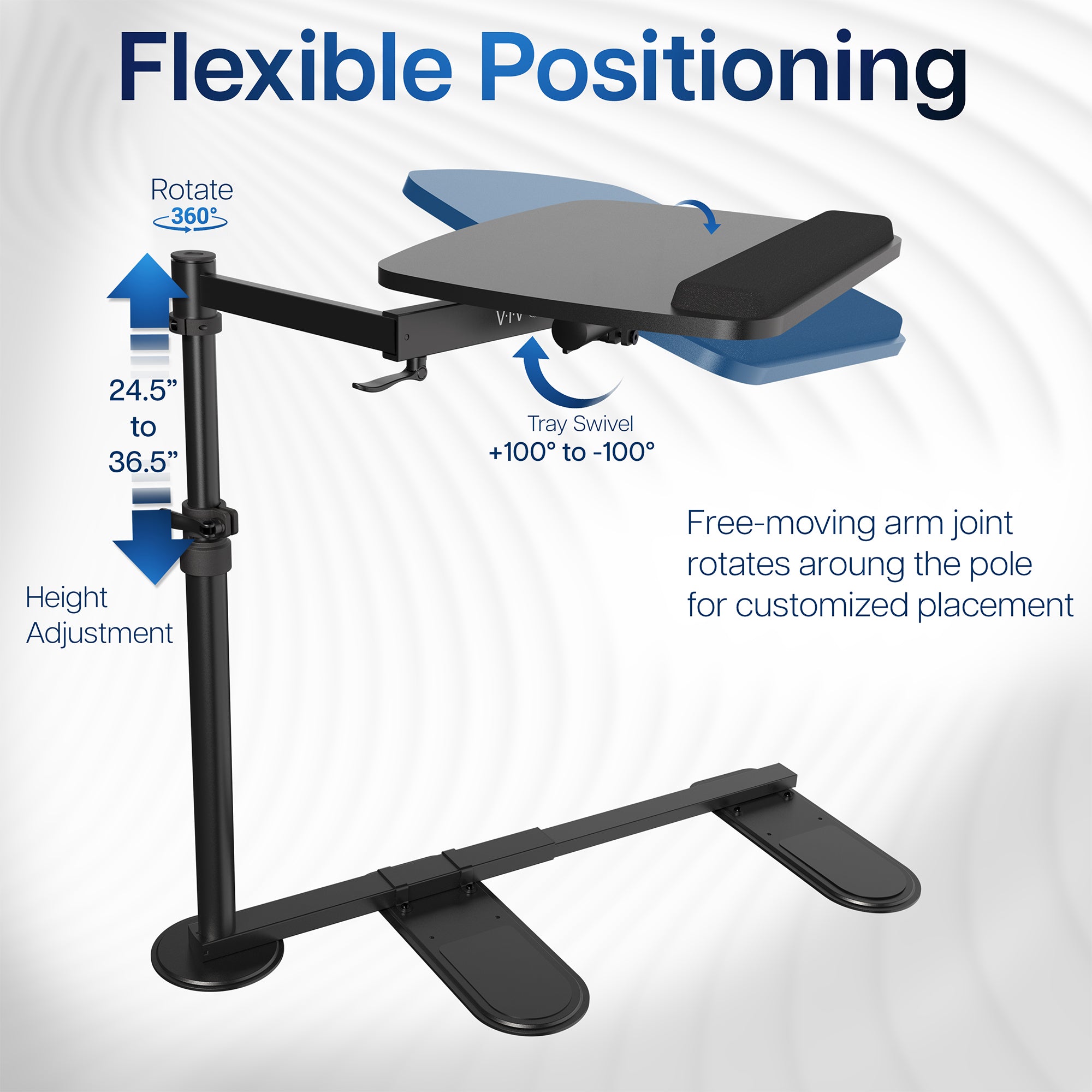 Adjustable laptop stand with features highlighted on a white background