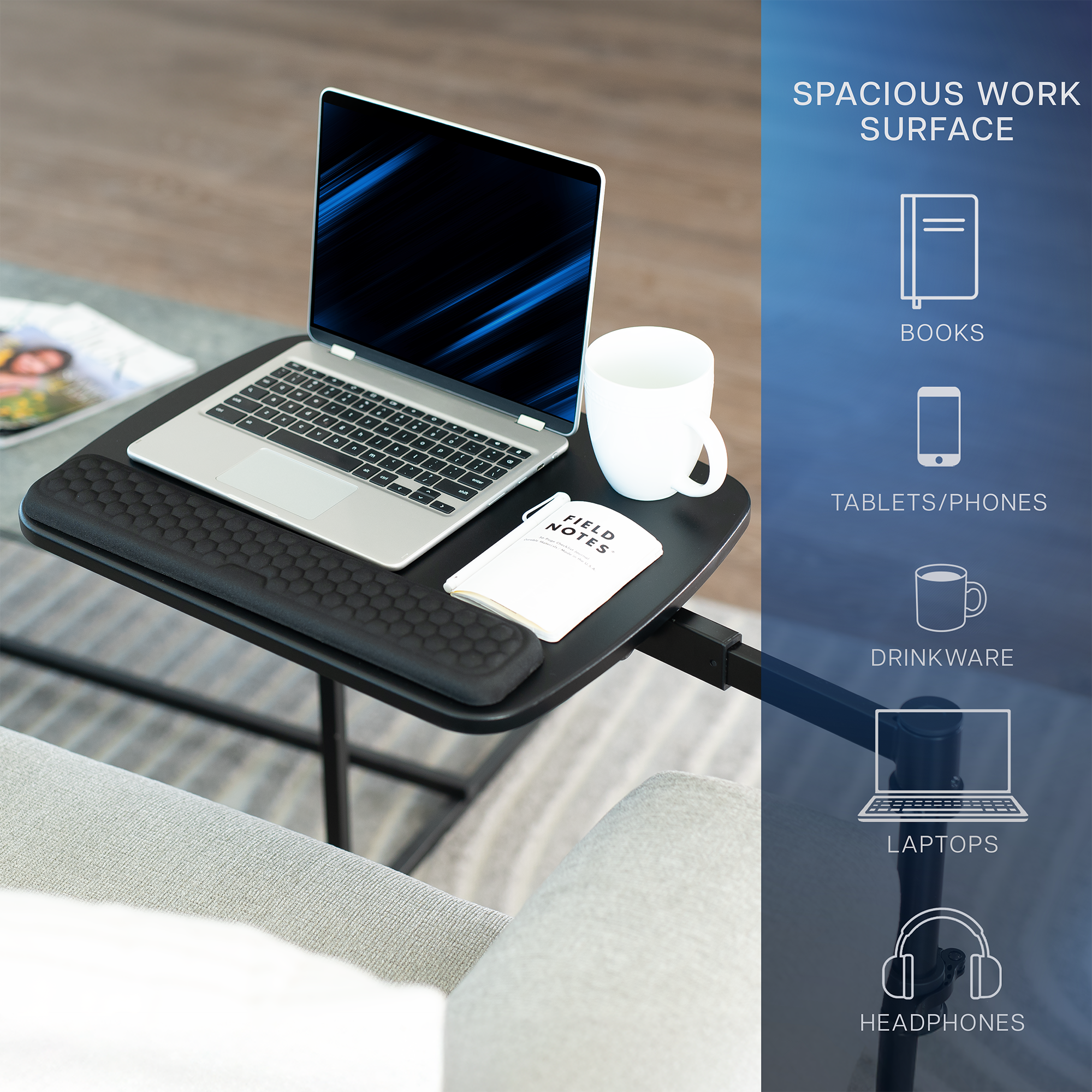 Portable lap desk with laptop, mug, and phone on a couch, with text about its use.