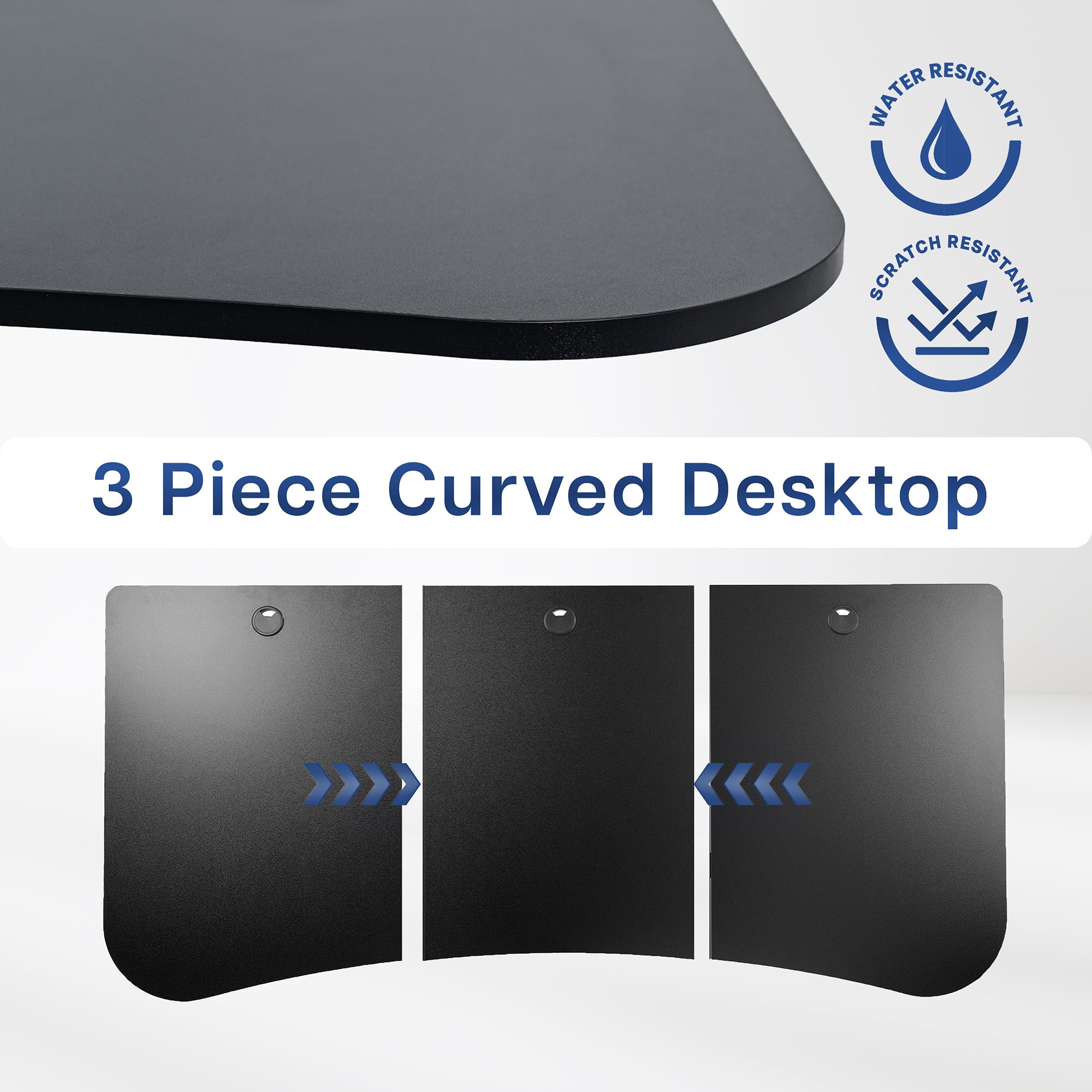 Specifications of tabletop dimensions and feature of top's water and scratch resistant design.