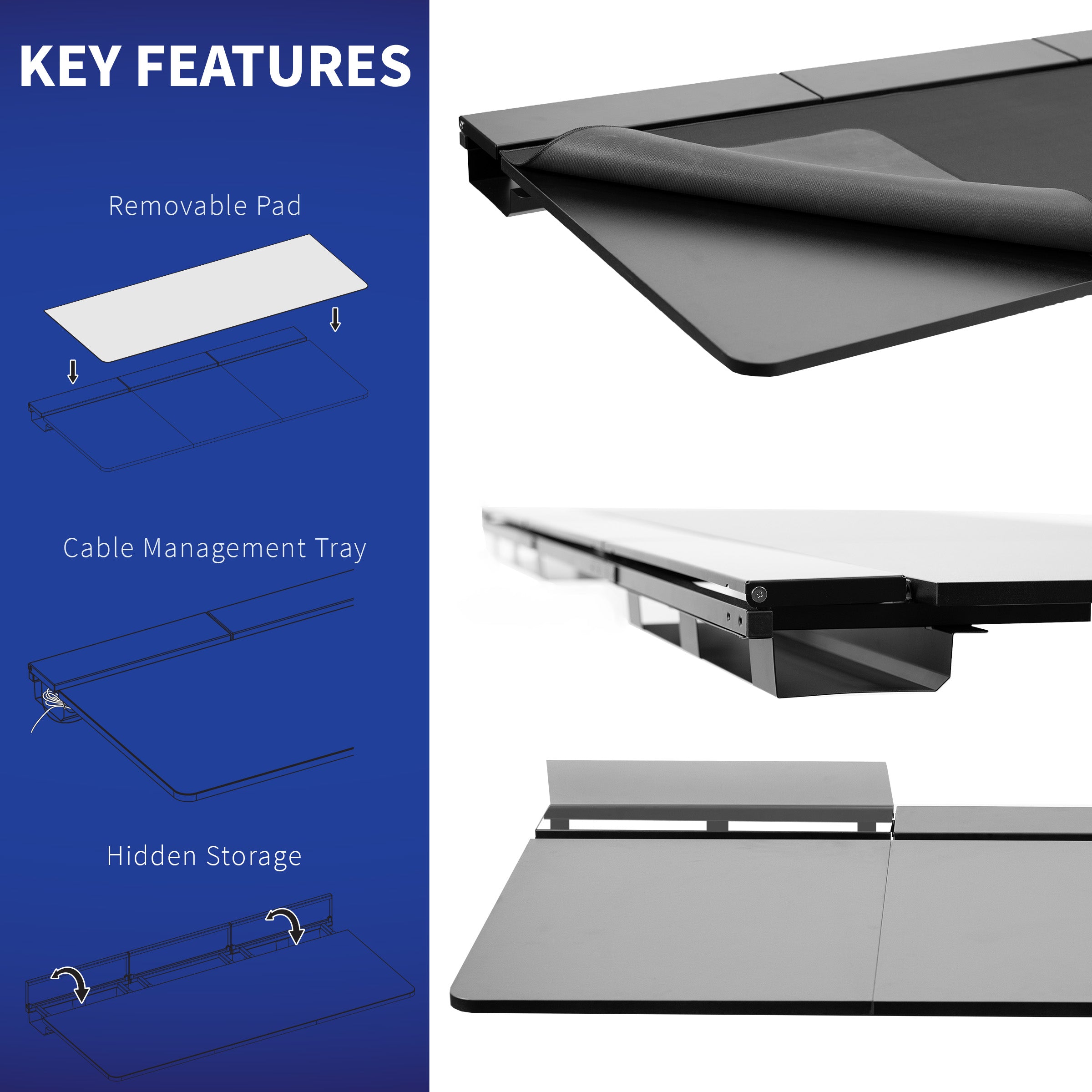 Product features including a removable pad, cable management tray, and hidden storage on a blue background.