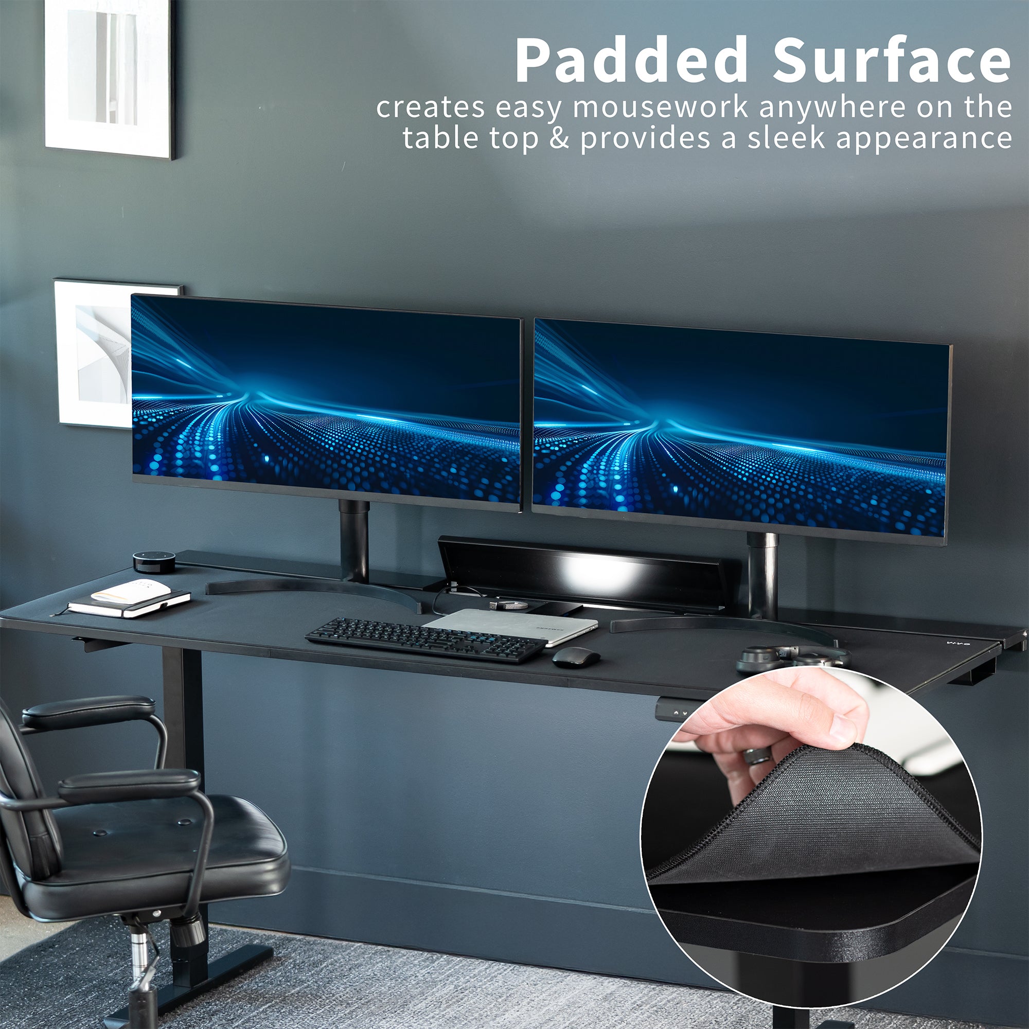 Modern office setup with dual monitors on a desk, featuring a padded surface.
