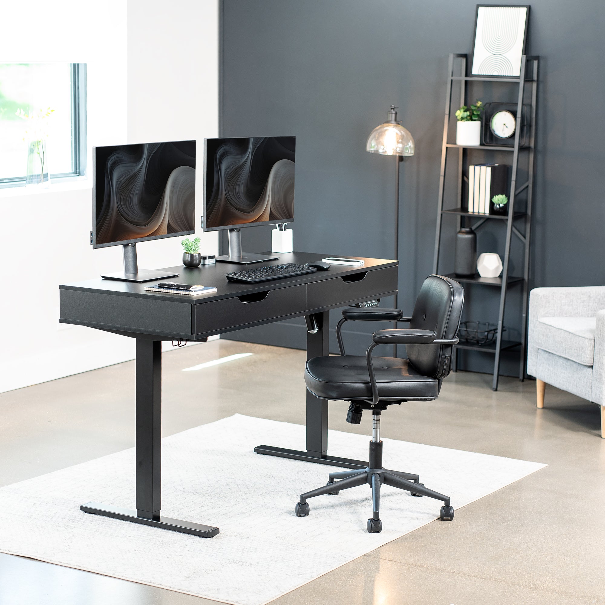 Black shelf with a drawer in a modern office.