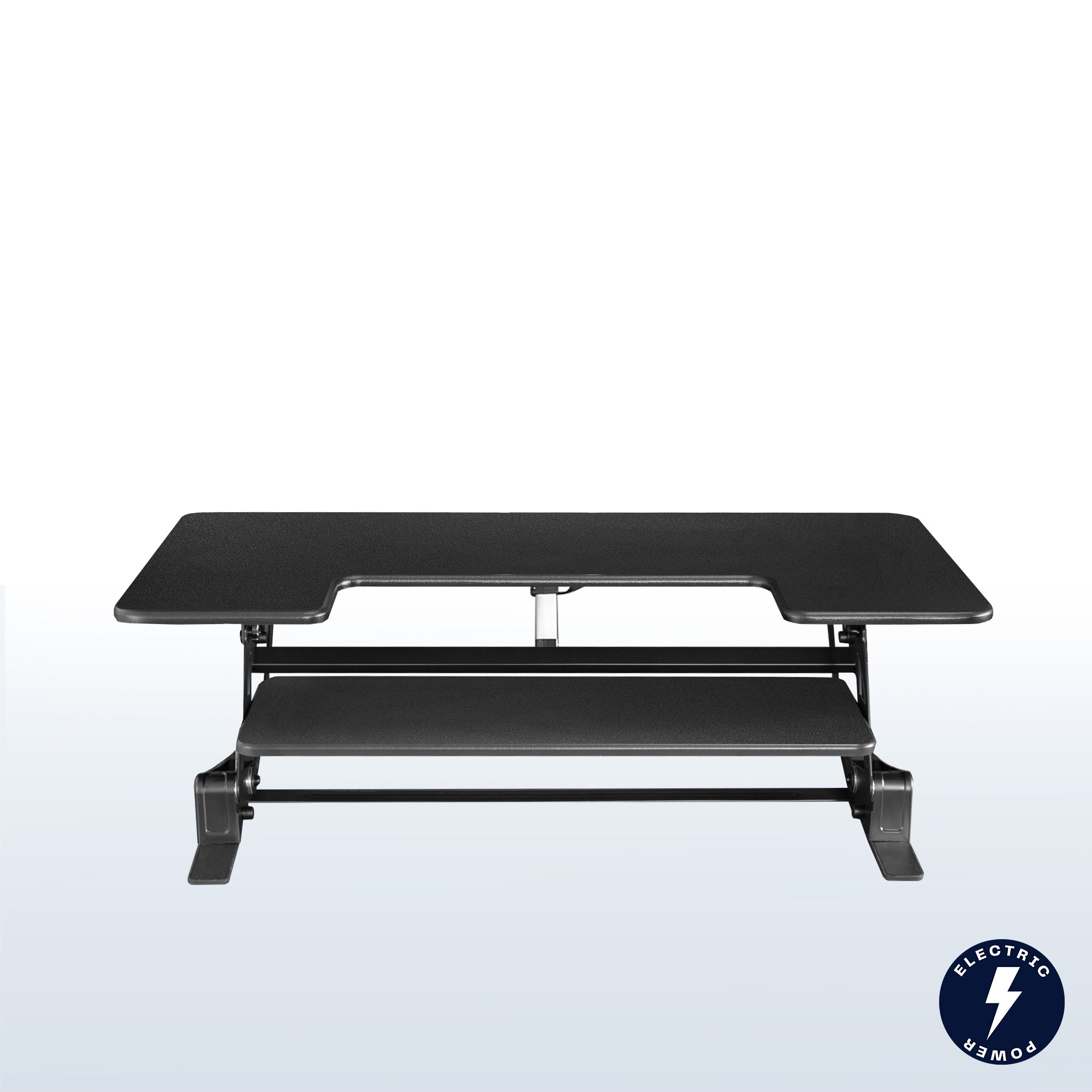 Electric desk converter monitor riser supporting two monitors with a USB port.