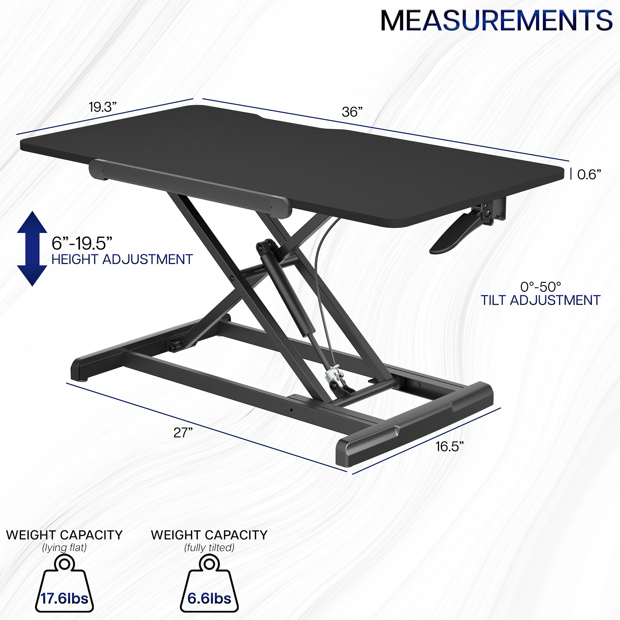 Measurements and specifications for 36" Single Top Tilting Desk Riser