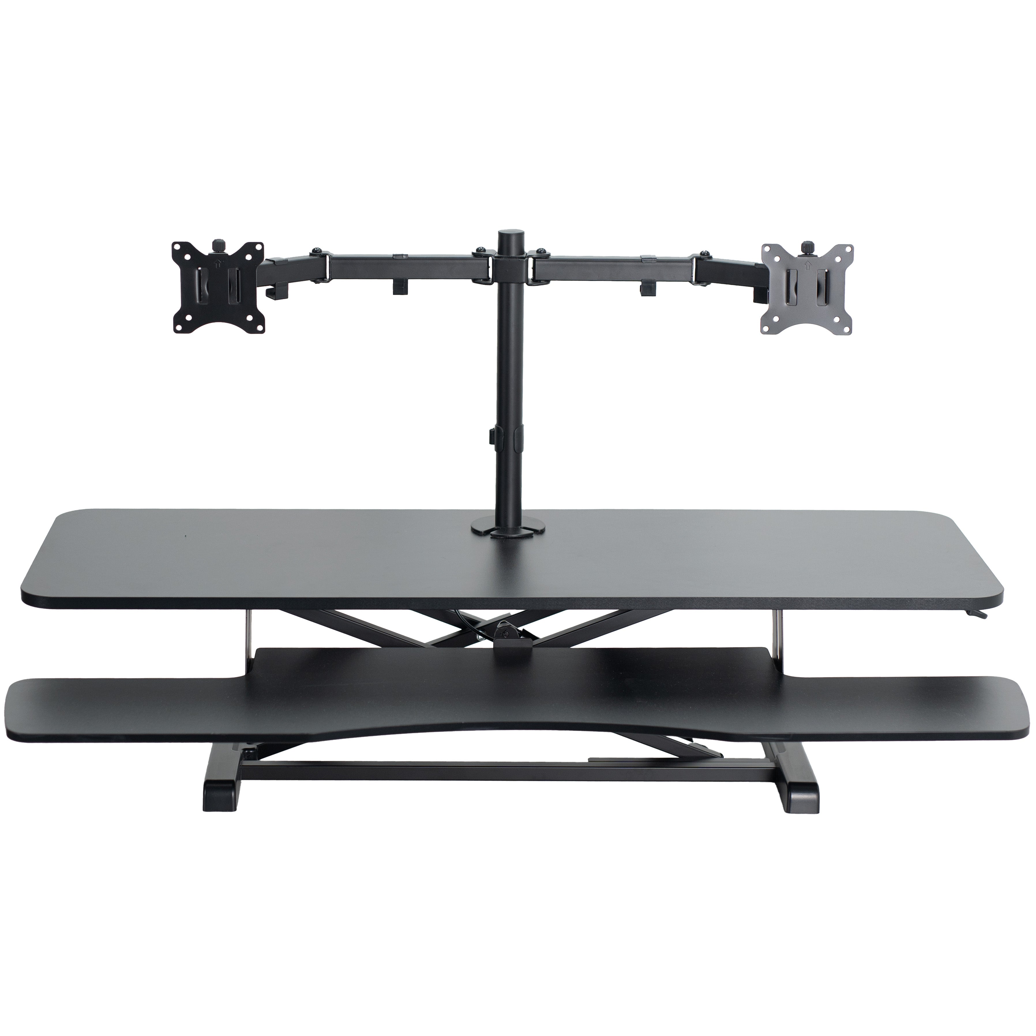 Sturdy height adjustable desk converter with articulating dual monitor mount.