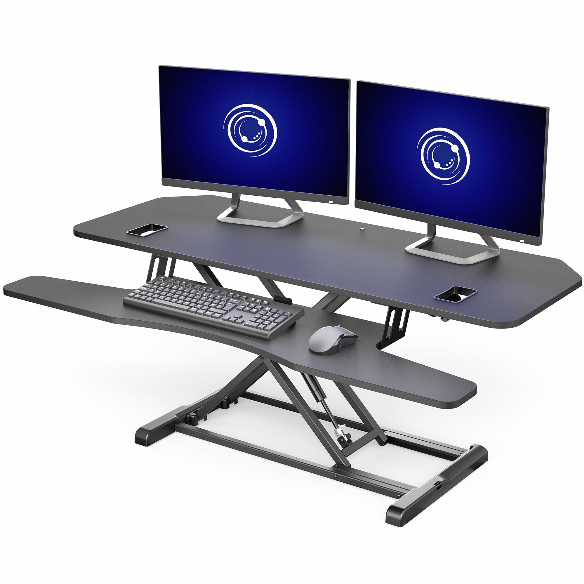 Heavy-duty large height adjustable desk converter monitor riser with 2 tiers.