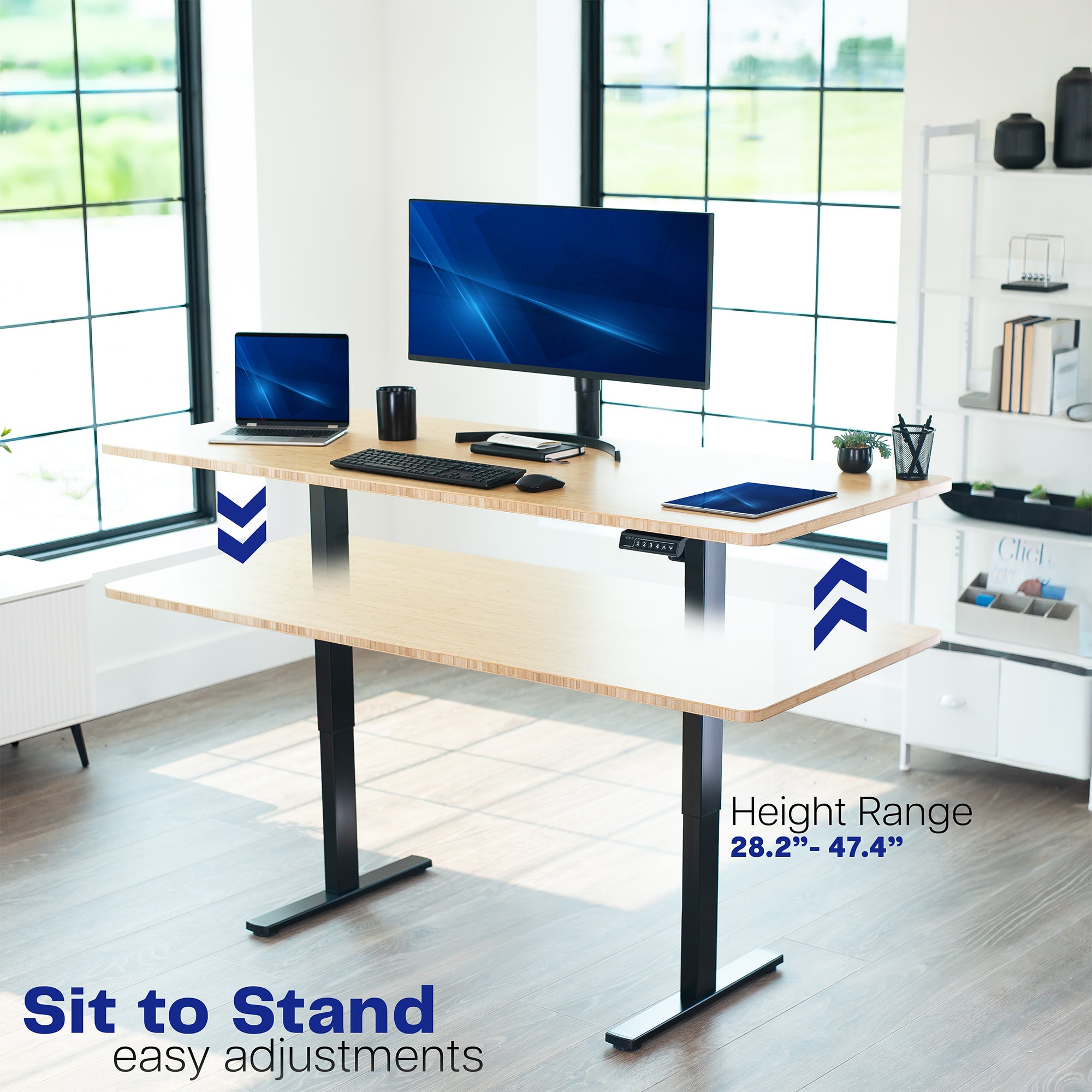 Sturdy ergonomic sit or stand desk frame for active workstation with adjustable height using smart control panel.
