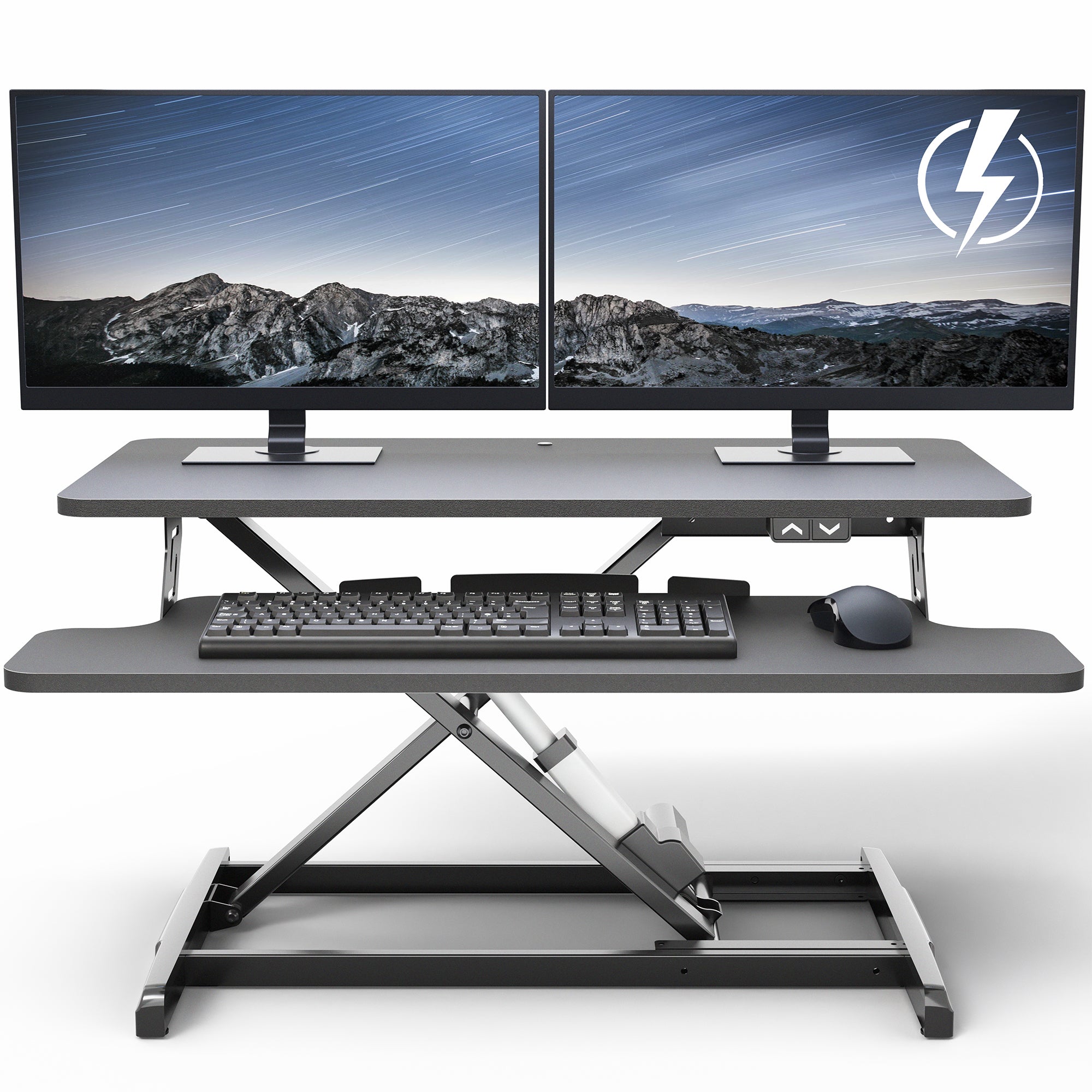 Electric Motor Desk Converter, Height Adjustable Riser, Sit to Stand Dual Monitor and Laptop Workstation with Wide Keyboard Tray