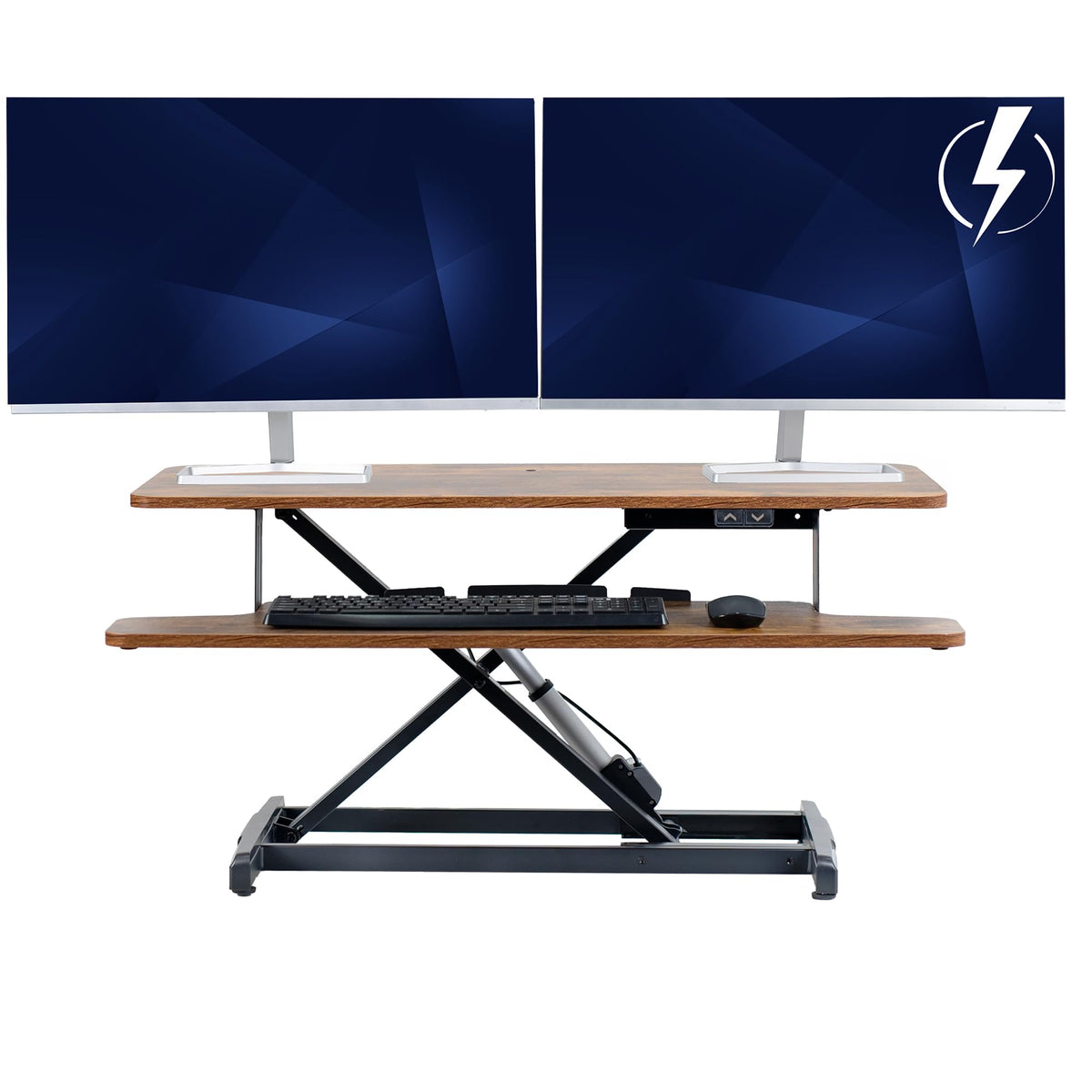 Vintage Brown Electric Motor Desk Converter, Height Adjustable Riser, Rustic Sit to Stand Dual Monitor and Laptop Workstation with Wide Keyboard Tray