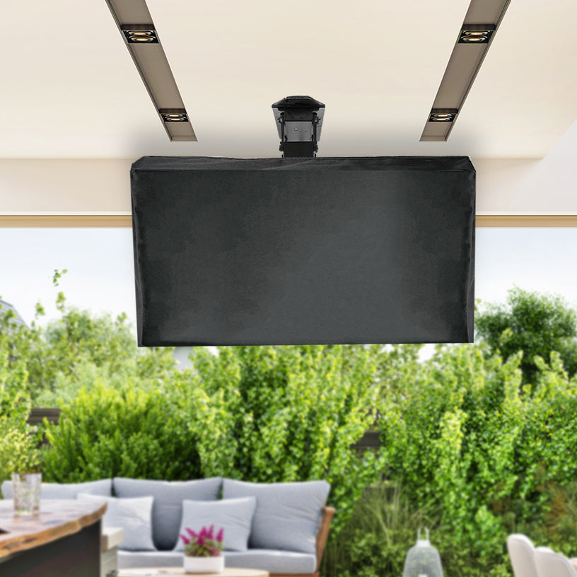 A black TV cover fitted over a ceiling mount TV in an outdoor patio.