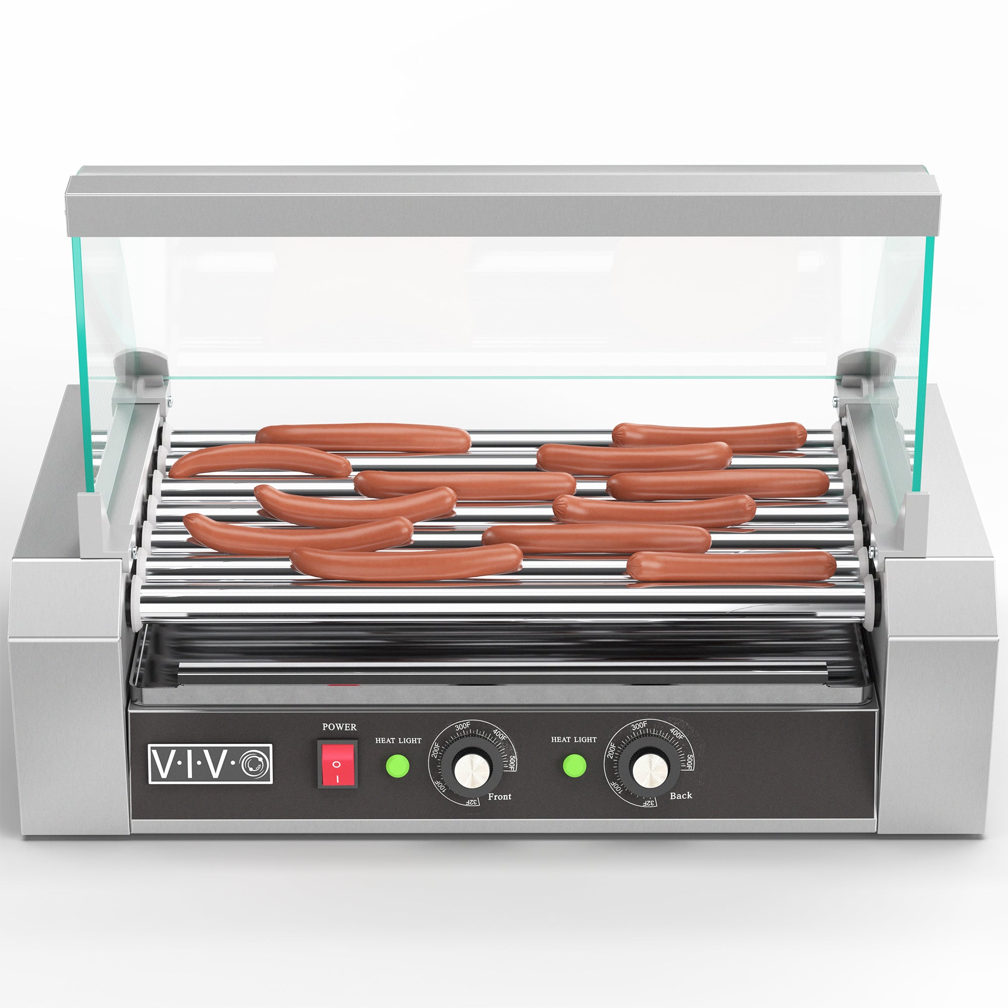 Seven-roller hotdog machine with sanitation hood.