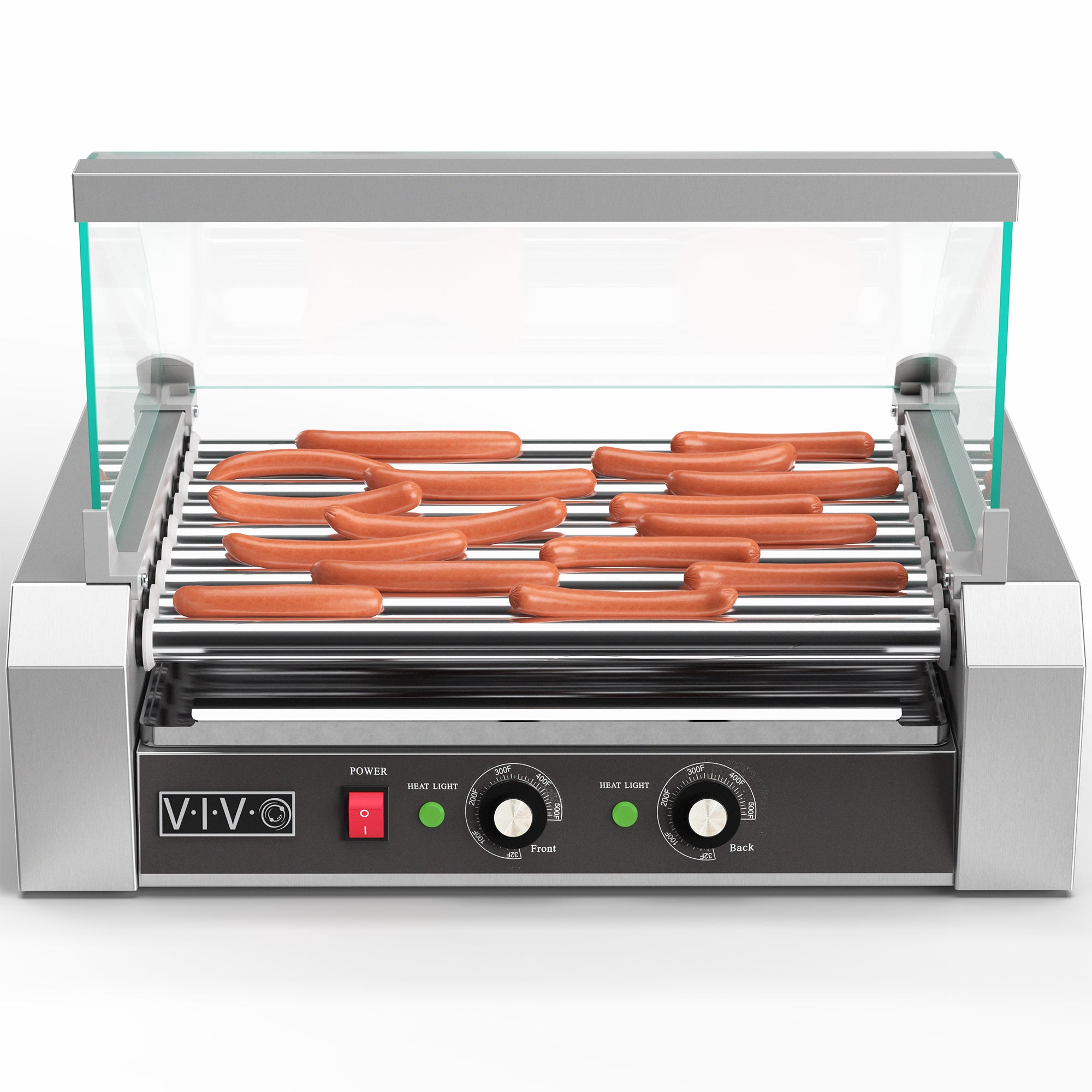 Nine-roller hotdog machine with sanitation hood.