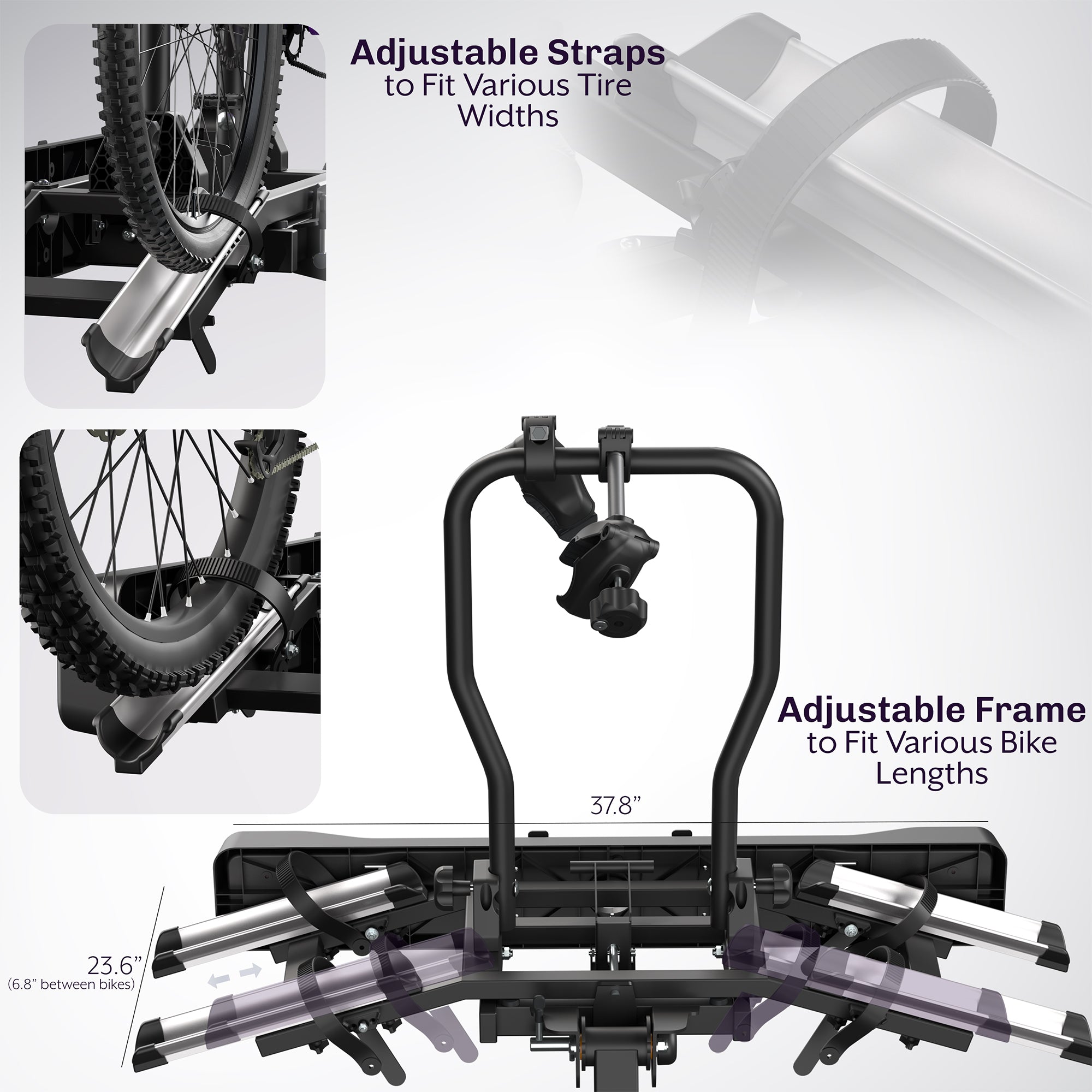 A black hitch bike rack with taillights and a license plate holder attached to the rear of a vehicle.