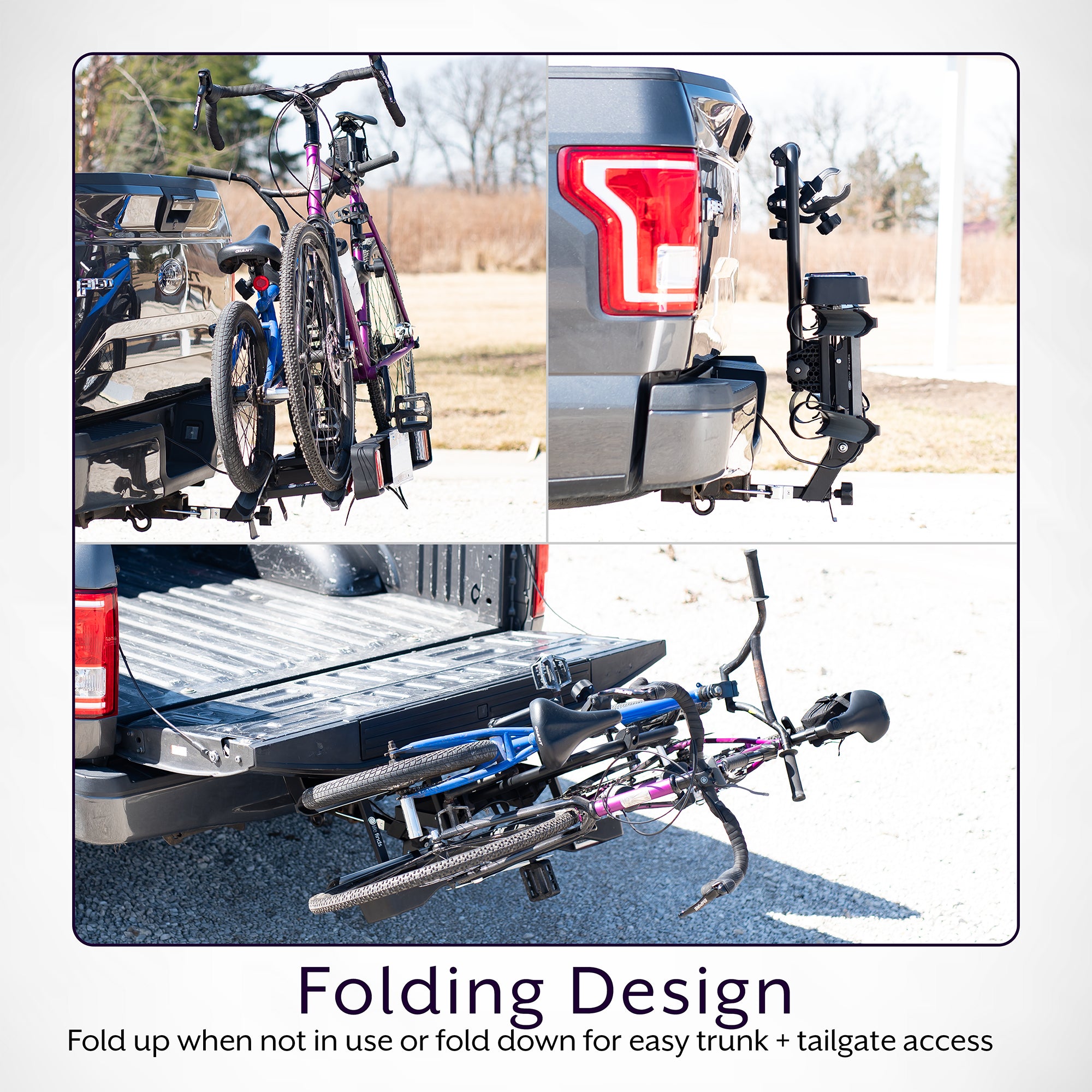 A black hitch bike rack with taillights and a license plate holder attached to the rear of a vehicle.