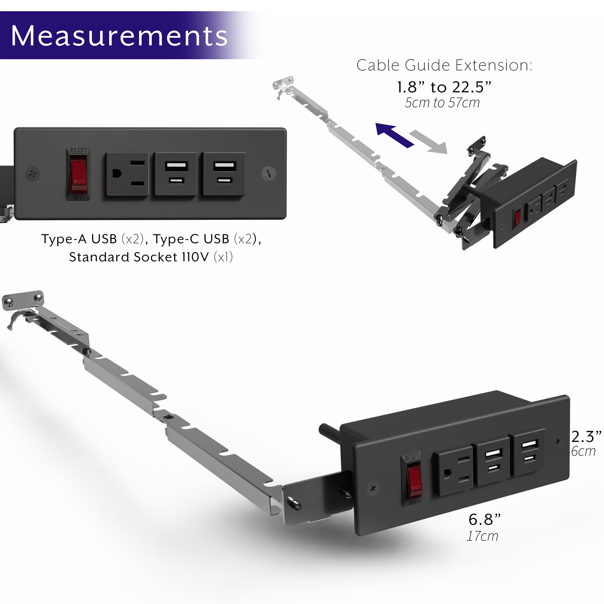 In-drawer charging station with AC outlet and USB ports.