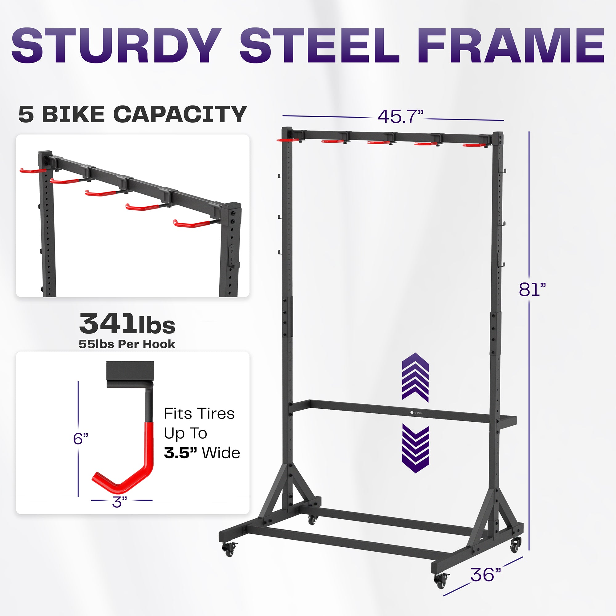 Sturdy steel frame with bike capacity and dimensions displayed on a white background