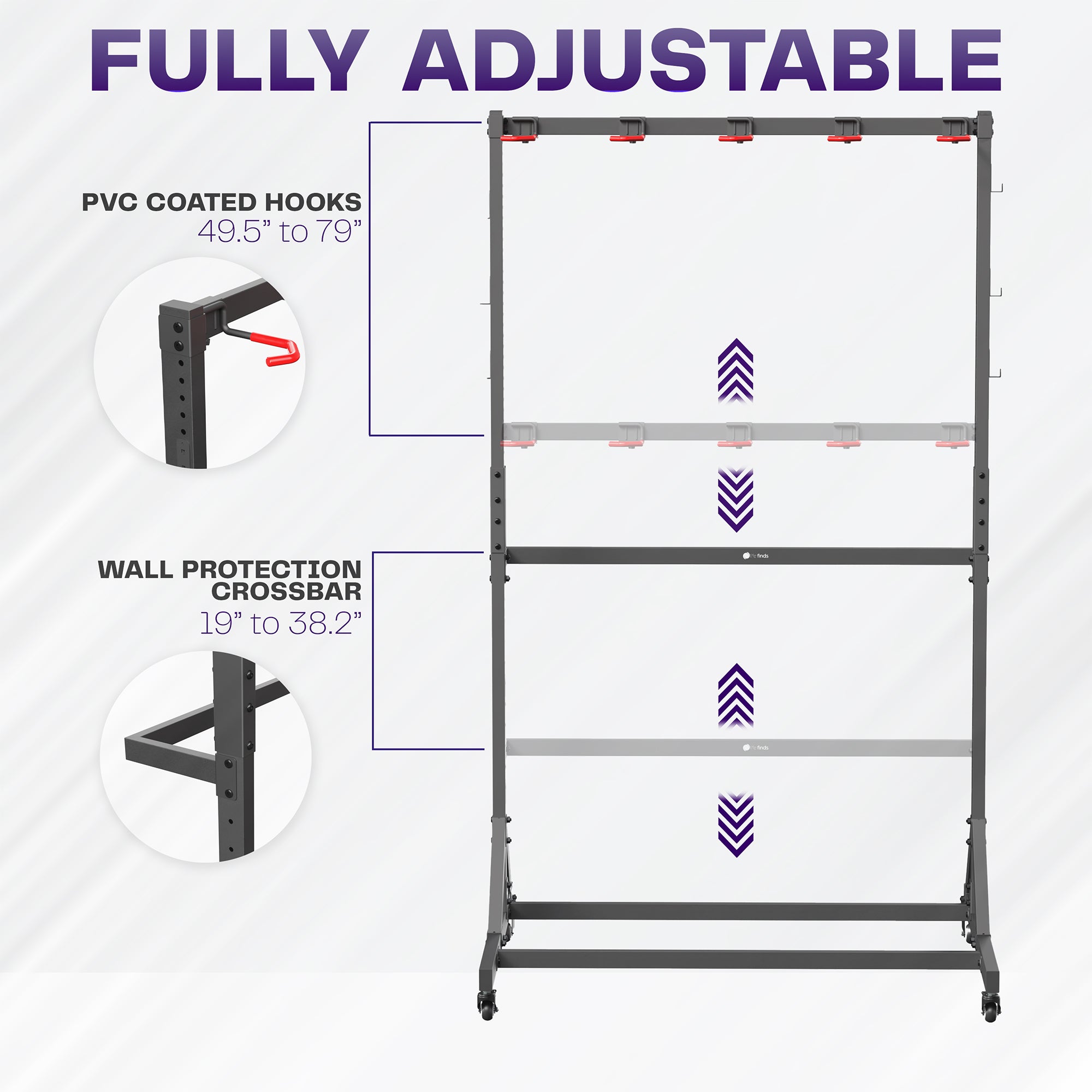 Adjustable rack with hooks and crossbar on a white background