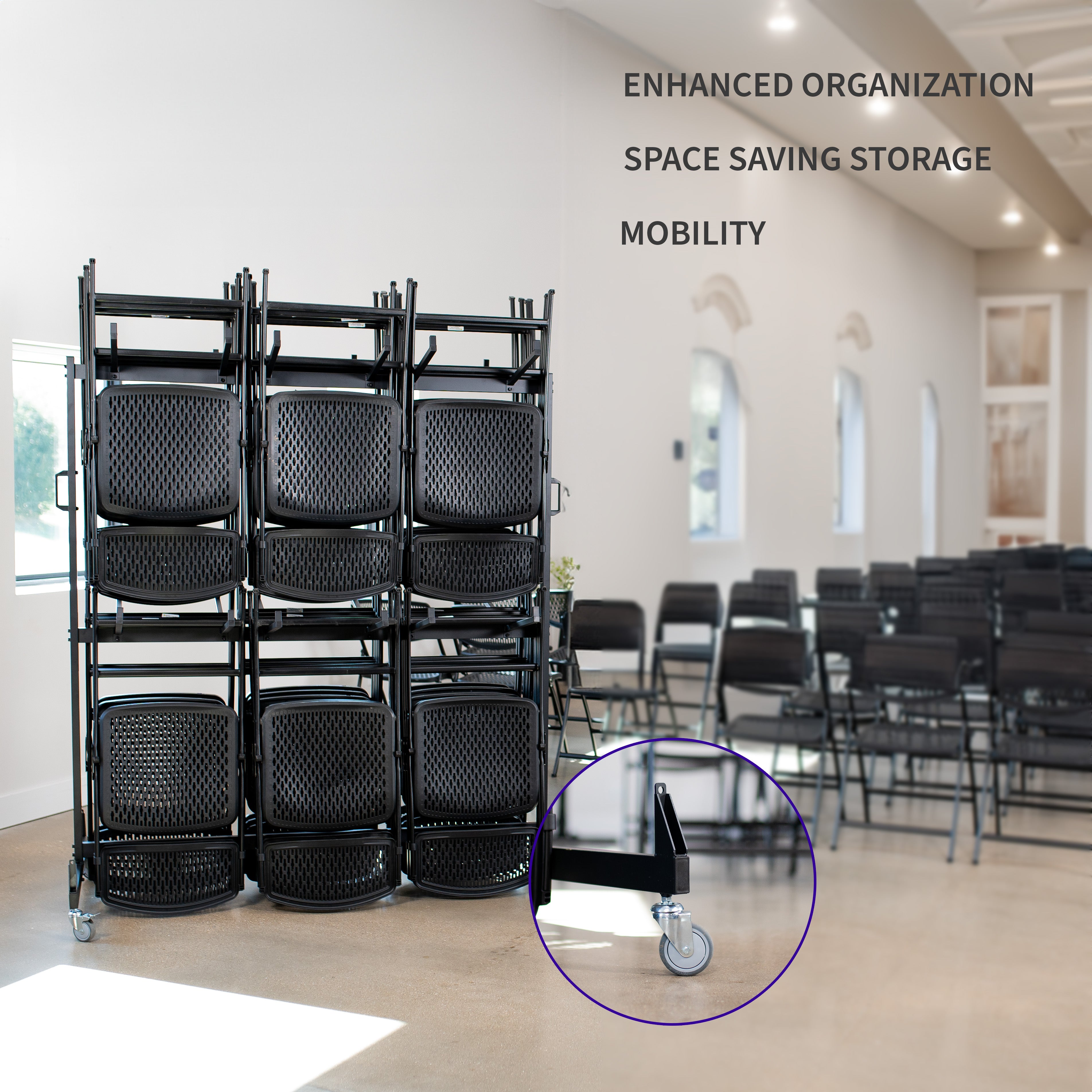 Stack of black chairs on a cart with text in a room with tables and chairs.