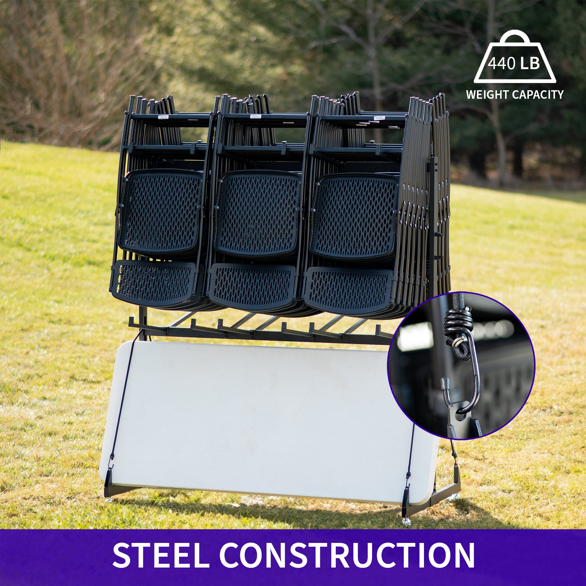 Black metal folding chair set with weight capacity indicator on grass