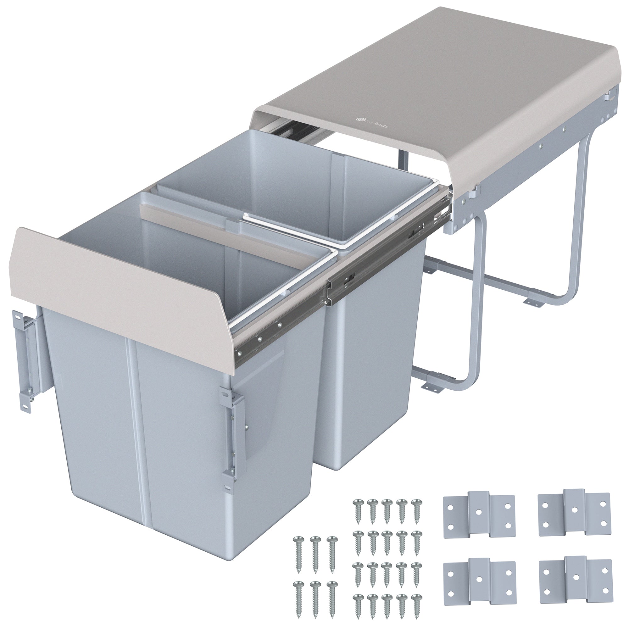 An under-counter dual trash can system with silver containers and a beige lid, including mounting hardware.
