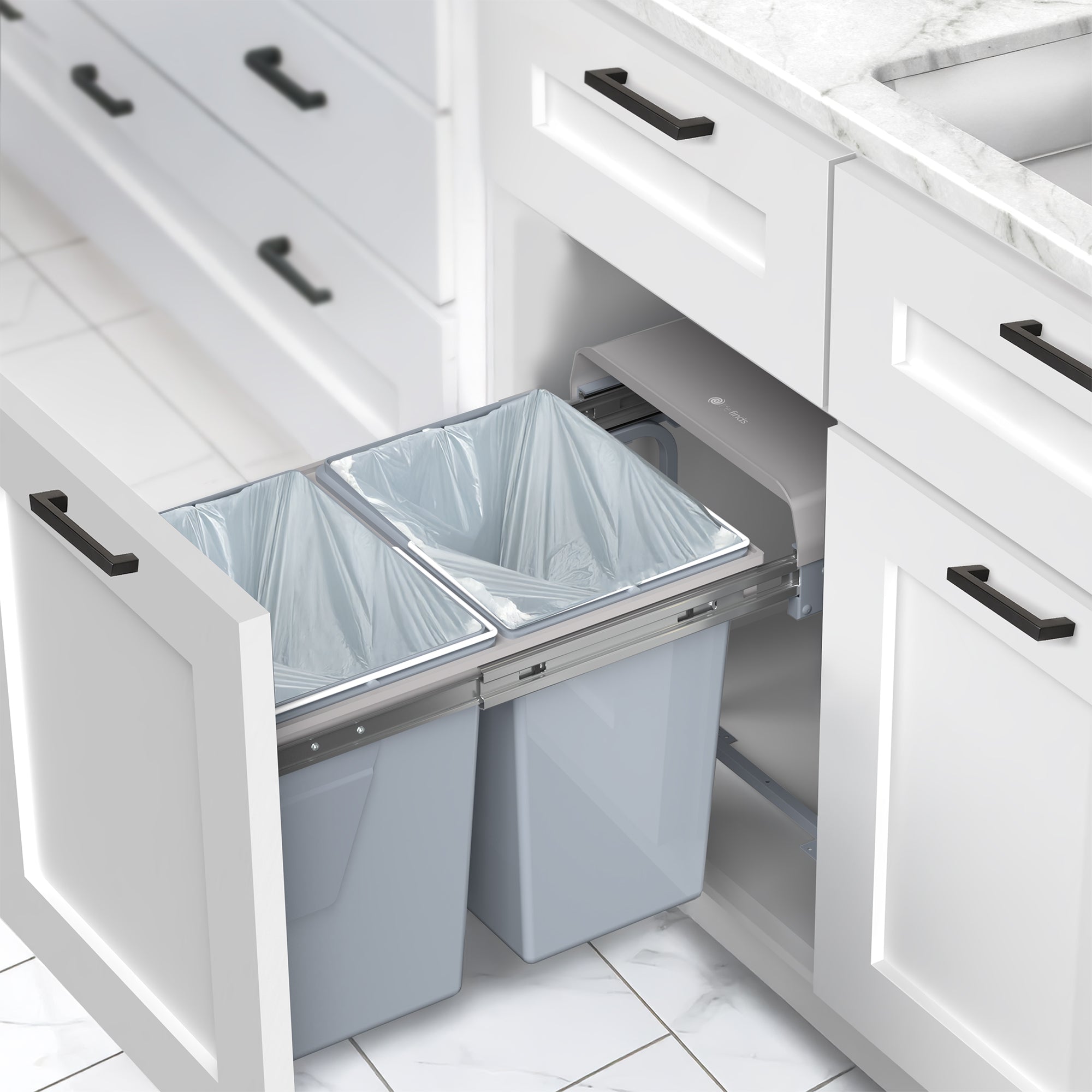 An under-counter dual trash can system with silver containers and a beige lid.