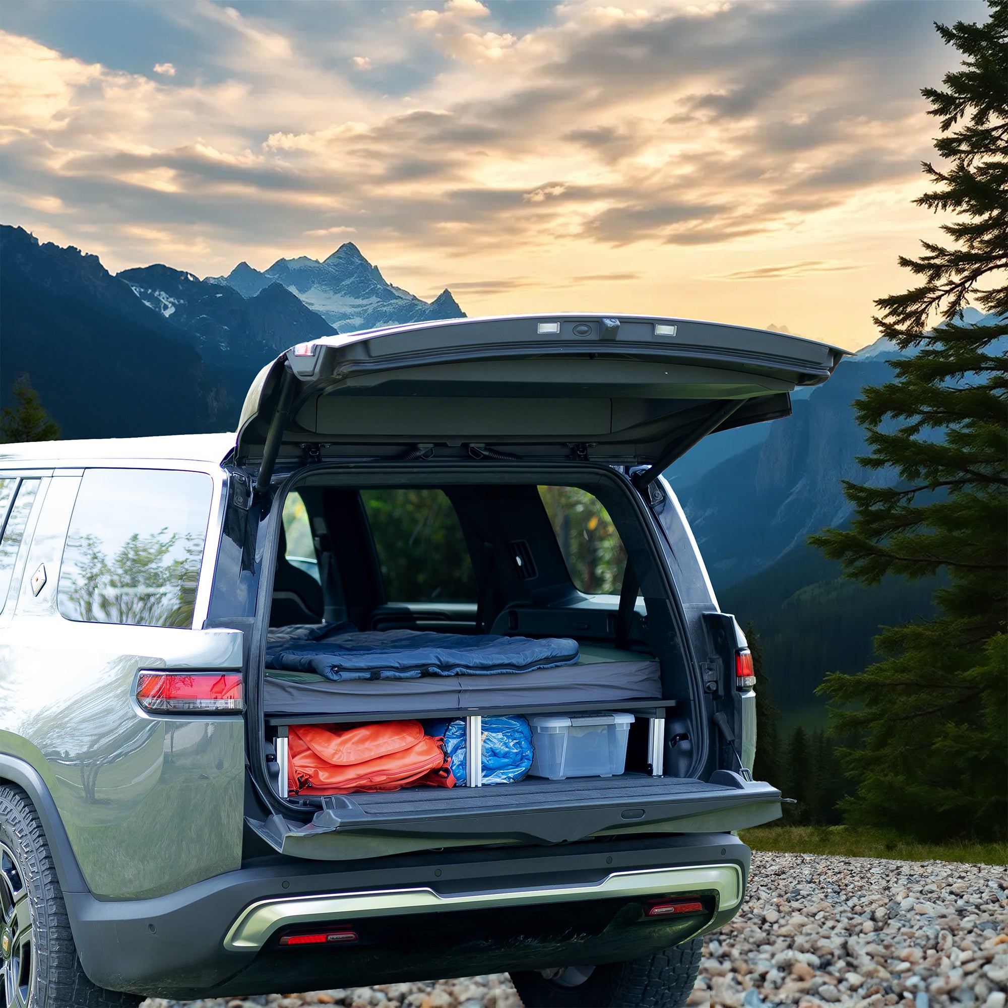 Sleeping platform and storage system designed for all versions of the Rivian R1S. Assemble in minutes and get more space for a wider mattress plus additional storage underneath while still having access to the spare tire well and rear floorboards. Breaks down quickly so you can get back on the road in a flash.