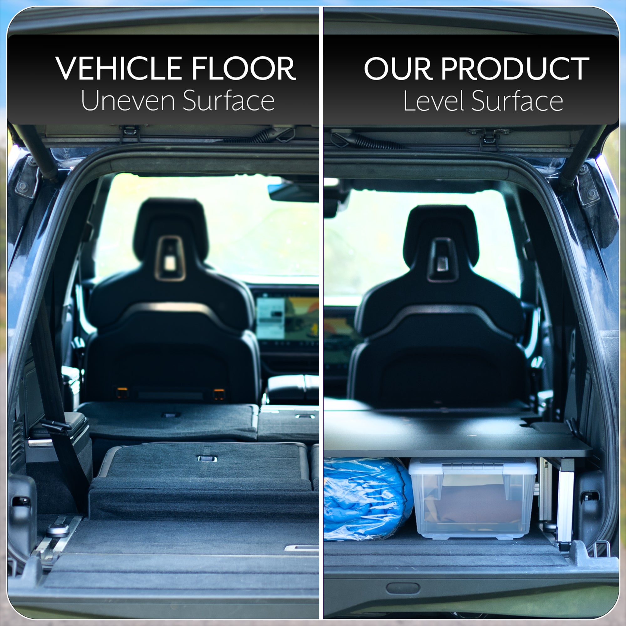 Sleeping platform and storage system designed for all versions of the Rivian R1S. Assemble in minutes and get more space for a wider mattress plus additional storage underneath while still having access to the spare tire well and rear floorboards. Breaks down quickly so you can get back on the road in a flash.