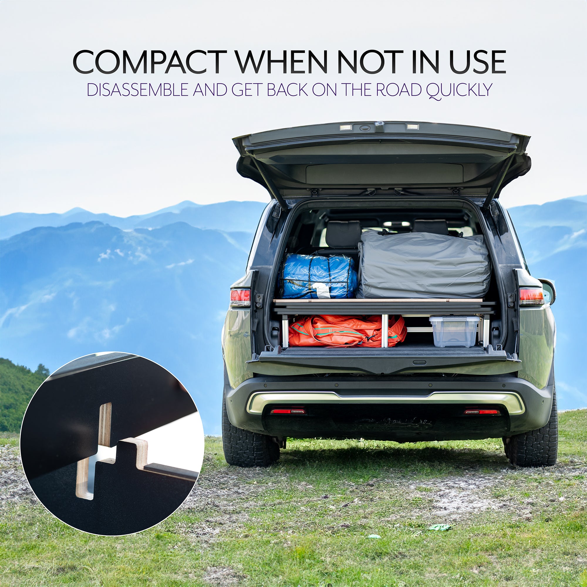 Sleeping platform and storage system designed for all versions of the Rivian R1S. Assemble in minutes and get more space for a wider mattress plus additional storage underneath while still having access to the spare tire well and rear floorboards. Breaks down quickly so you can get back on the road in a flash.