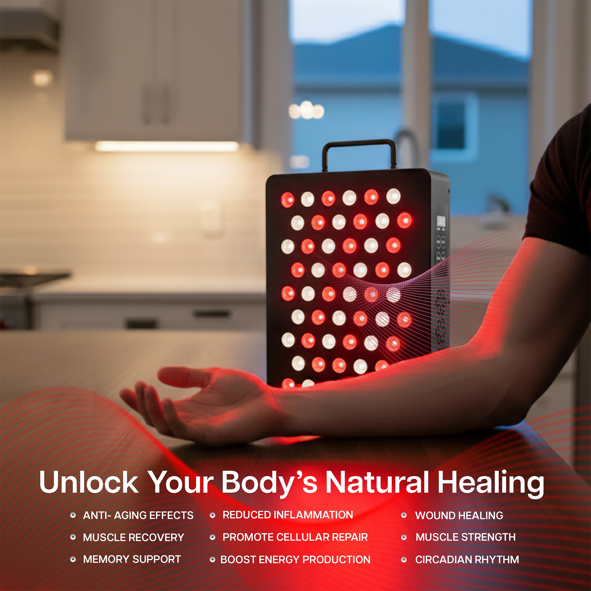 Person using a red light therapy device in a kitchen setting with text about health benefits.