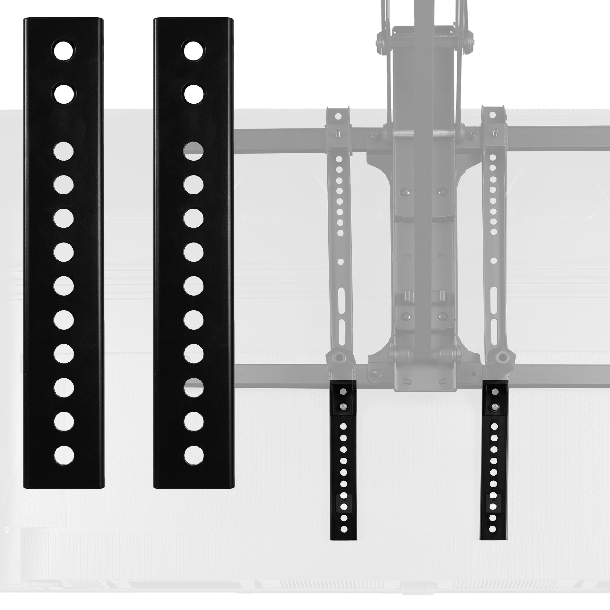 Vertical overhead VESA plate extender brackets.