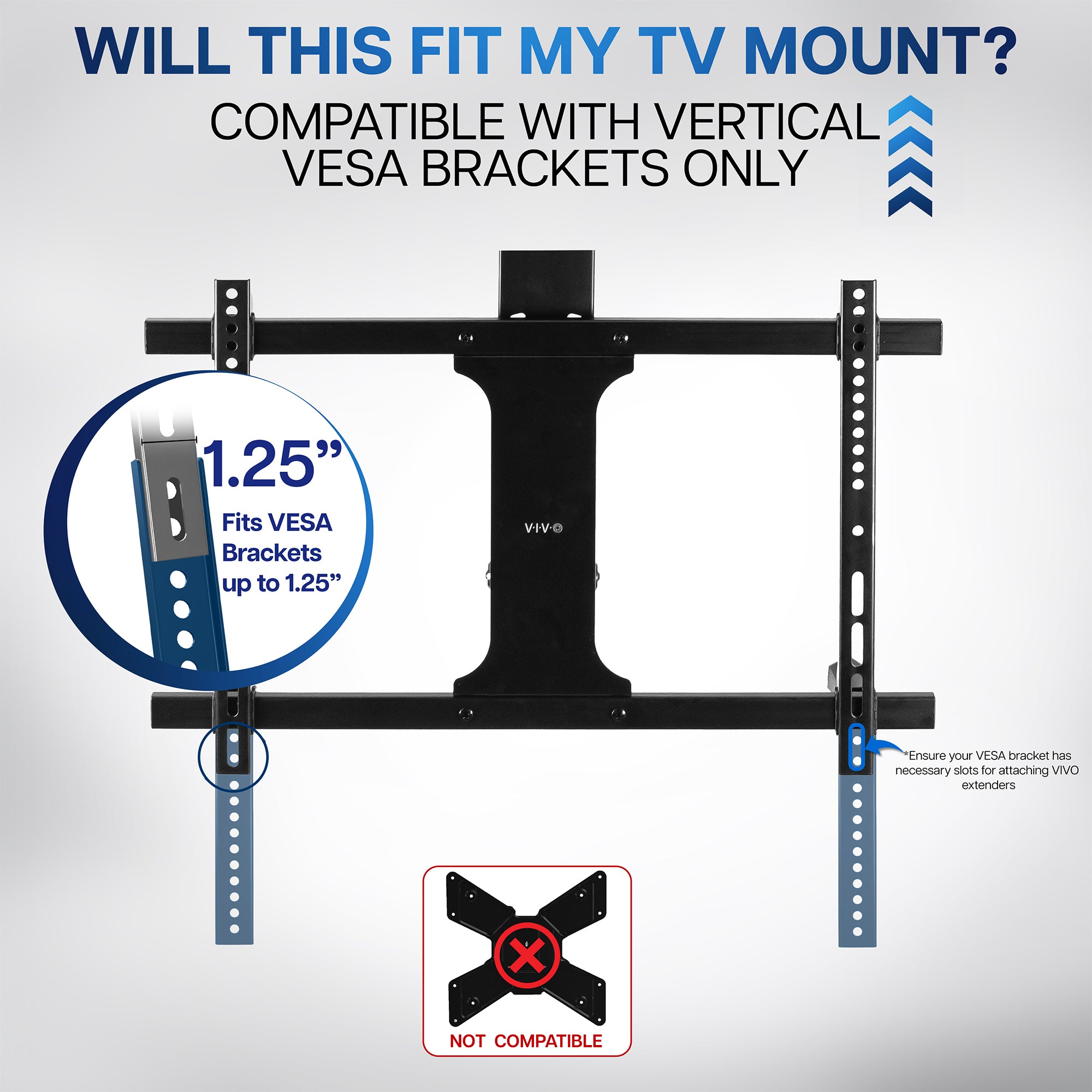 TV mount with compatibility information for VESA brackets on a white background