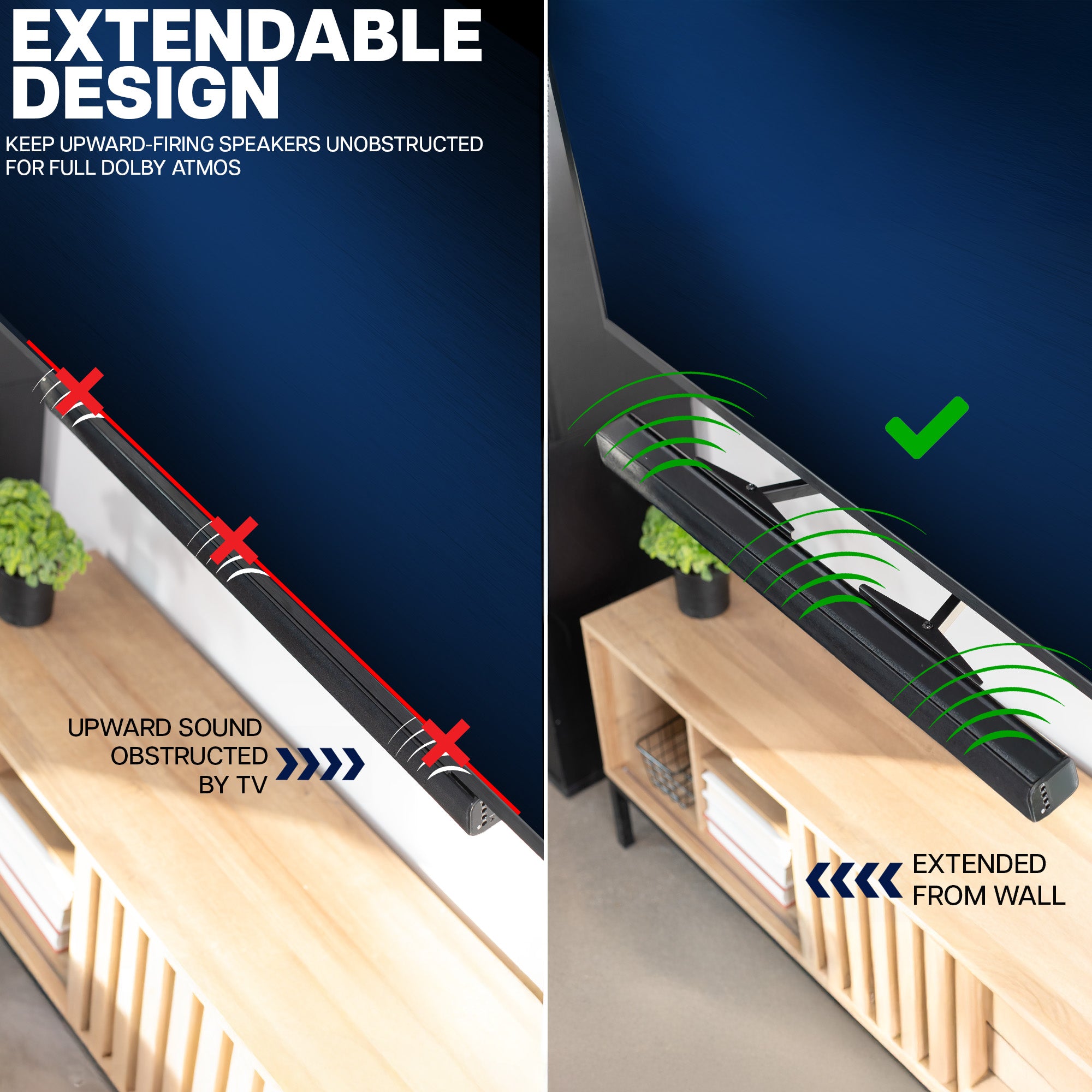 Extendable design feature for upward-firing speakers on a Soundbar TV Mount with a TV in the background.