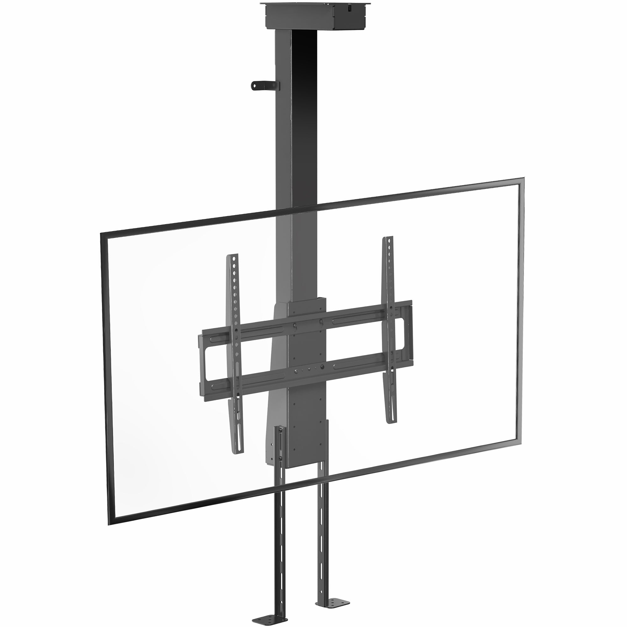 A motorized large TV mount with remote control, showing a flat panel TV attached to a ceiling mount with an extension pole.