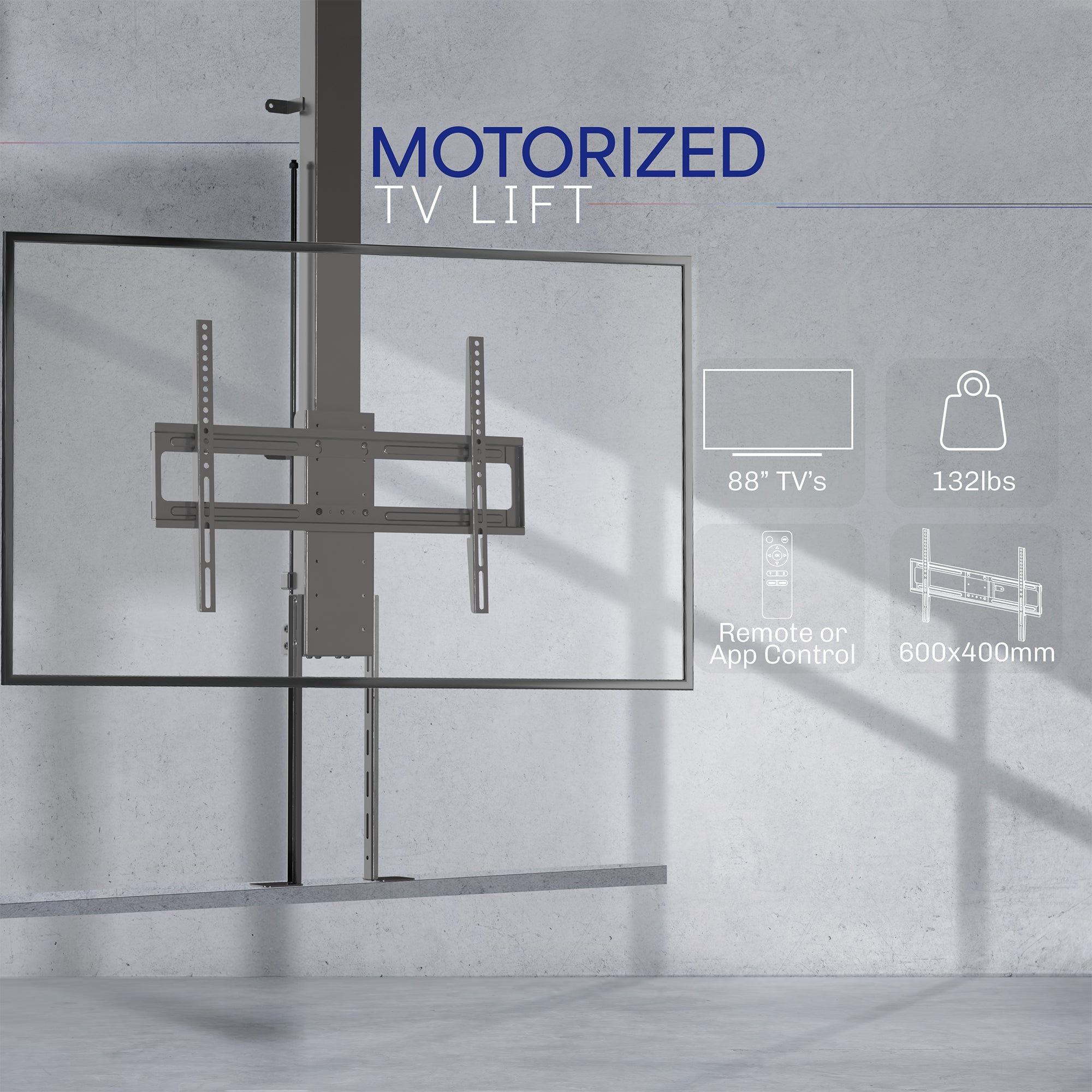 A motorized large TV mount with remote control, showing a flat panel TV attached to a ceiling mount with an extension pole.